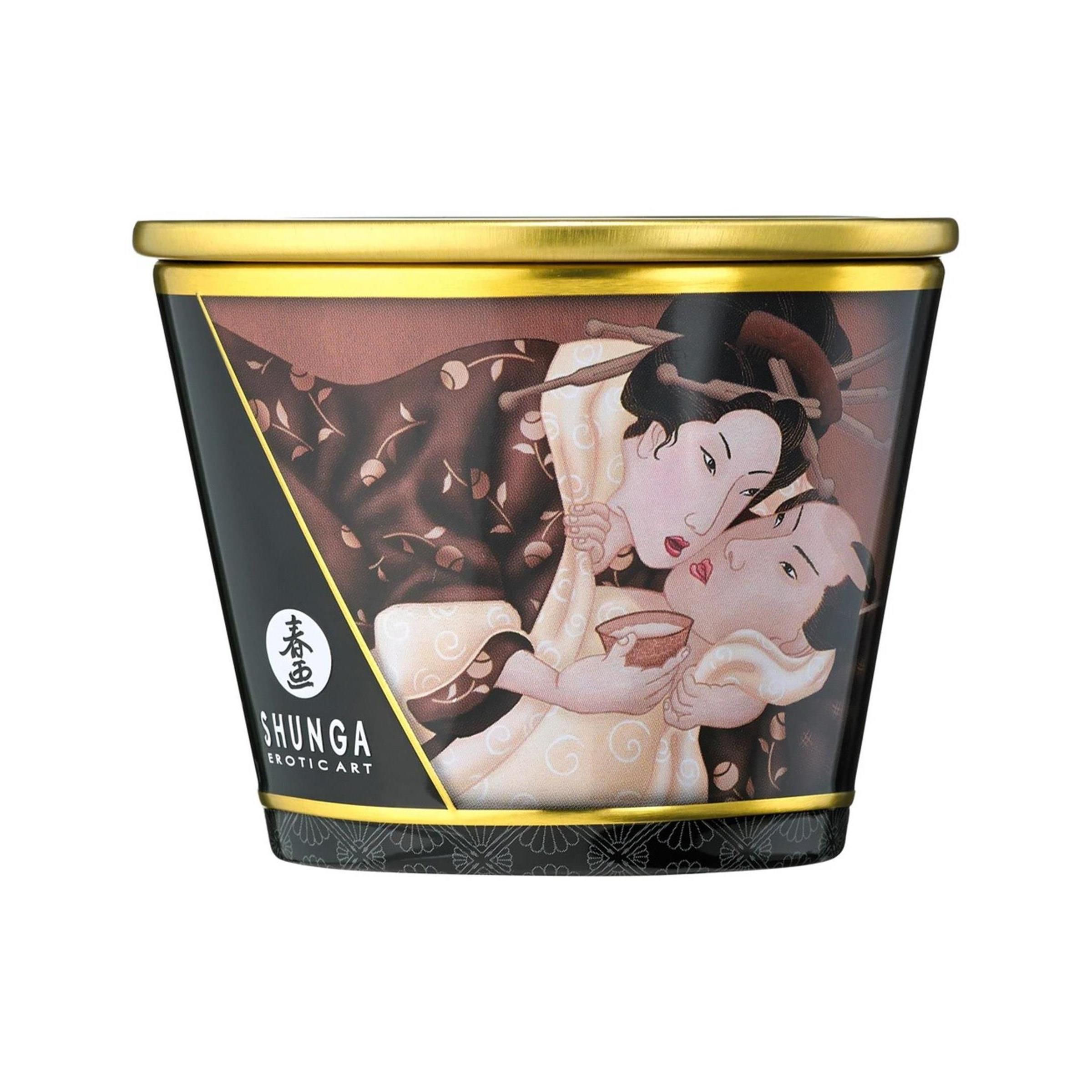 Behälter mit Deckel. Aufdruck mit erotischer Kunst. Marke Shunga. Schwarzer Hintergrund mit goldenen Akzenten.