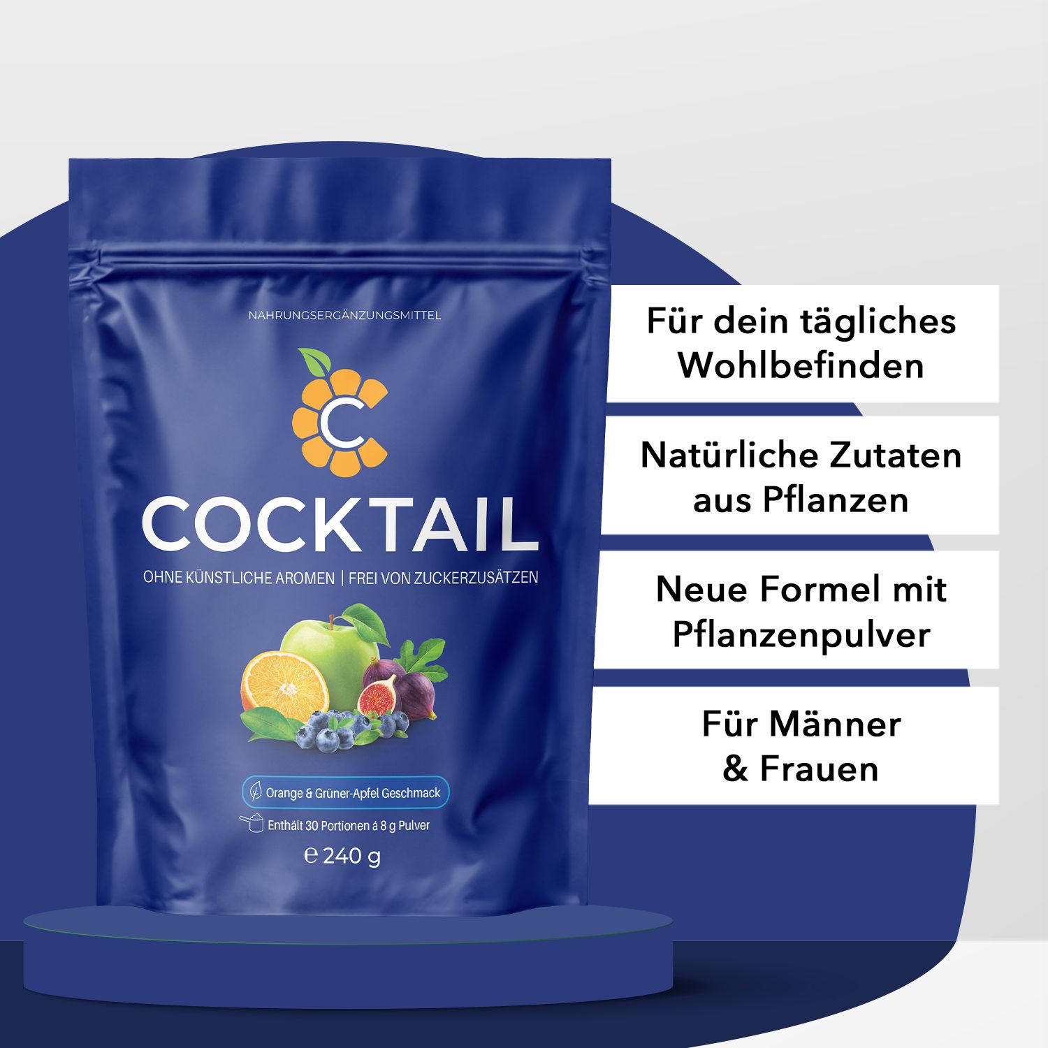 Dunkelblaue Standbodenbeutel-Verpackung für C Cocktail Pulver, daneben Textfelder mit Vorteilen wie "Natürliche Zutaten".