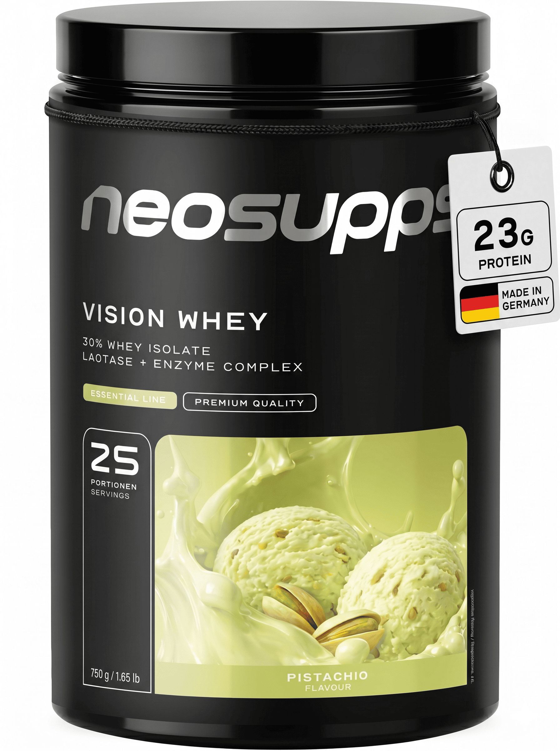 Neosupps Vision Whey Protein, Pistazie. Schwarzer Behälter mit Etikett, das 2 Kugeln Eis und Pistazien zeigt. 750g.