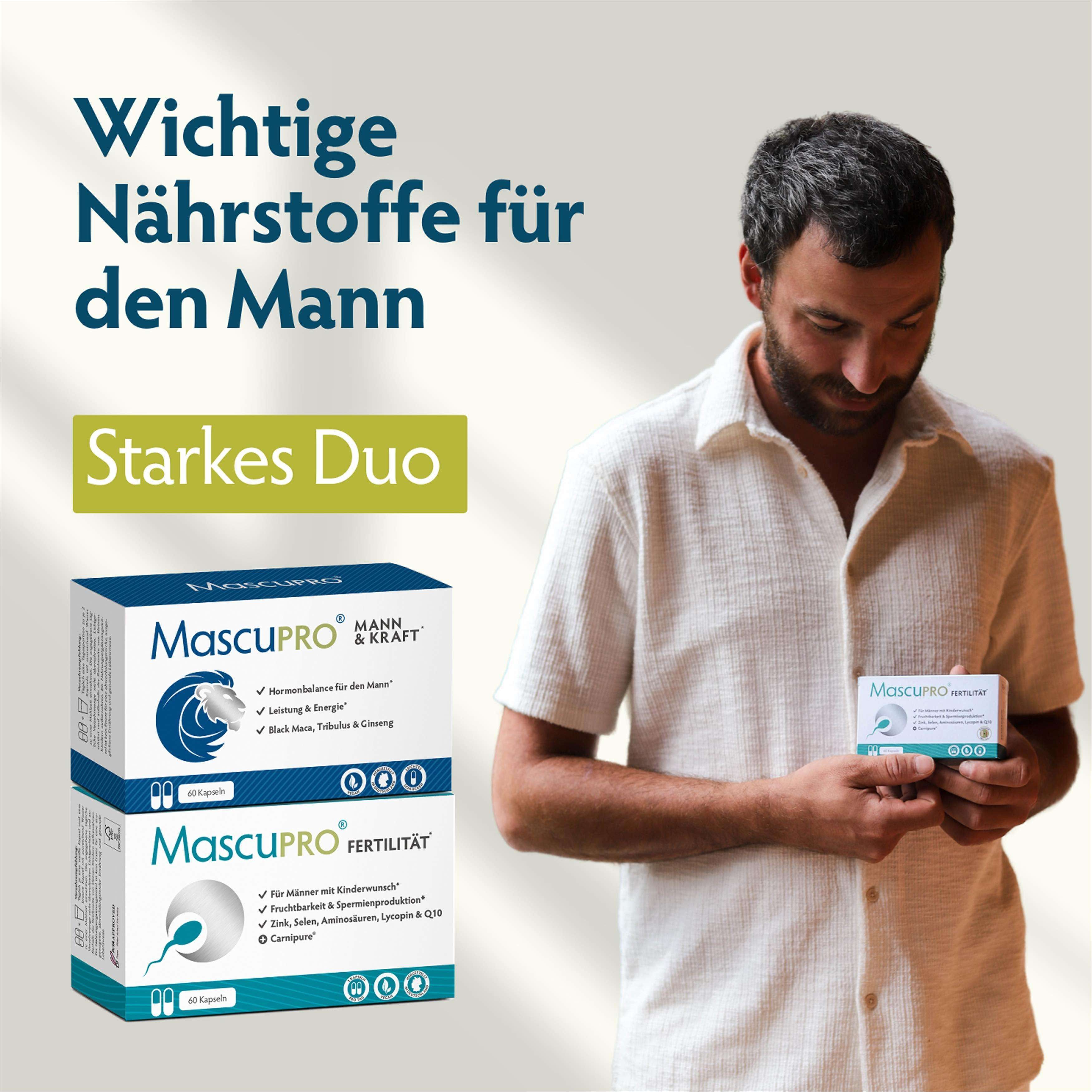 Mann mit Packungen. Text: MascuPRO, wichtige Nährstoffe für den Mann, starkes Duo, Mann & Kraft.
