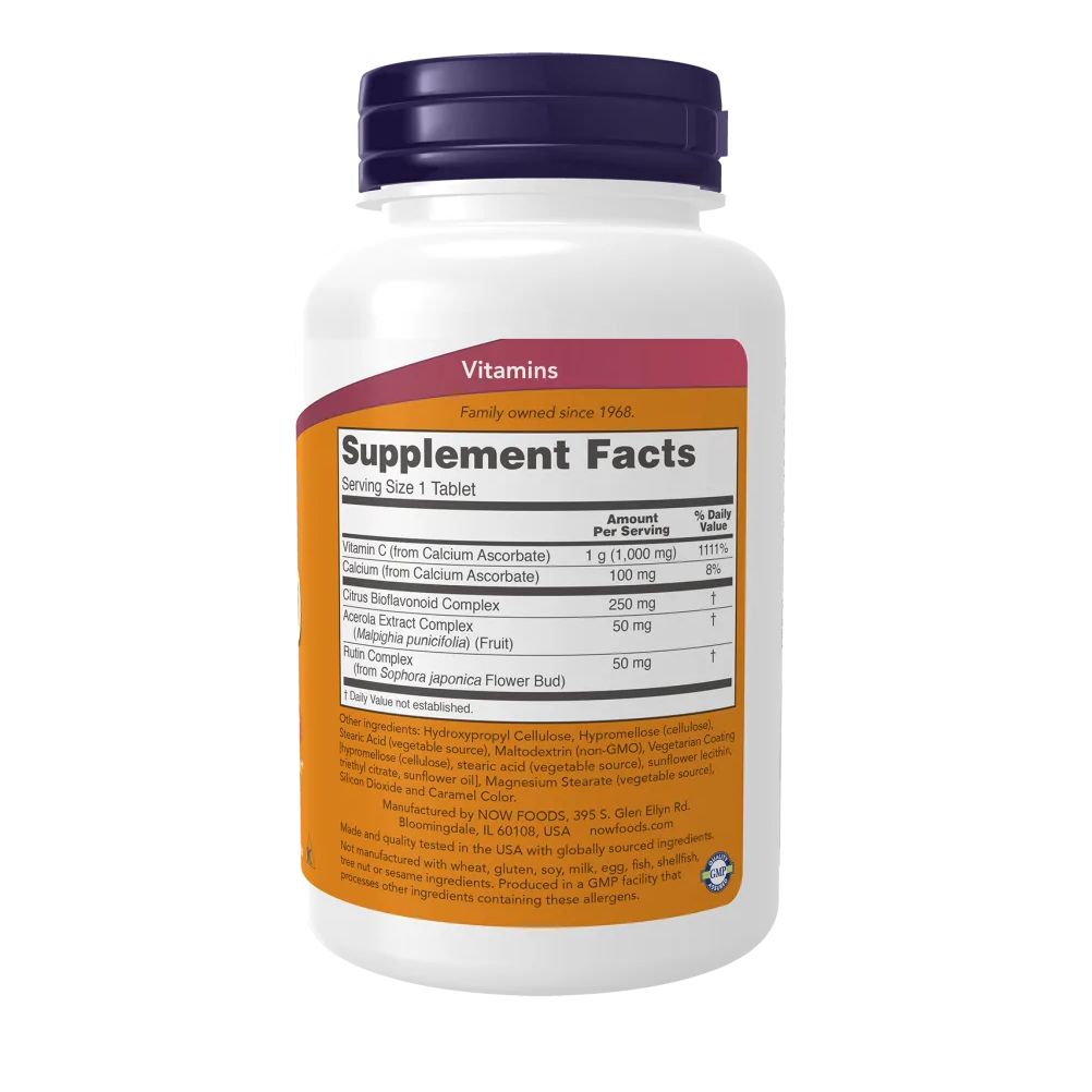 Rückseite der weißen Flasche. Etikett mit Text: "Supplement Facts". Enthält Vitamin C, Calcium, Citrus Bioflavonoid Complex, und mehr.