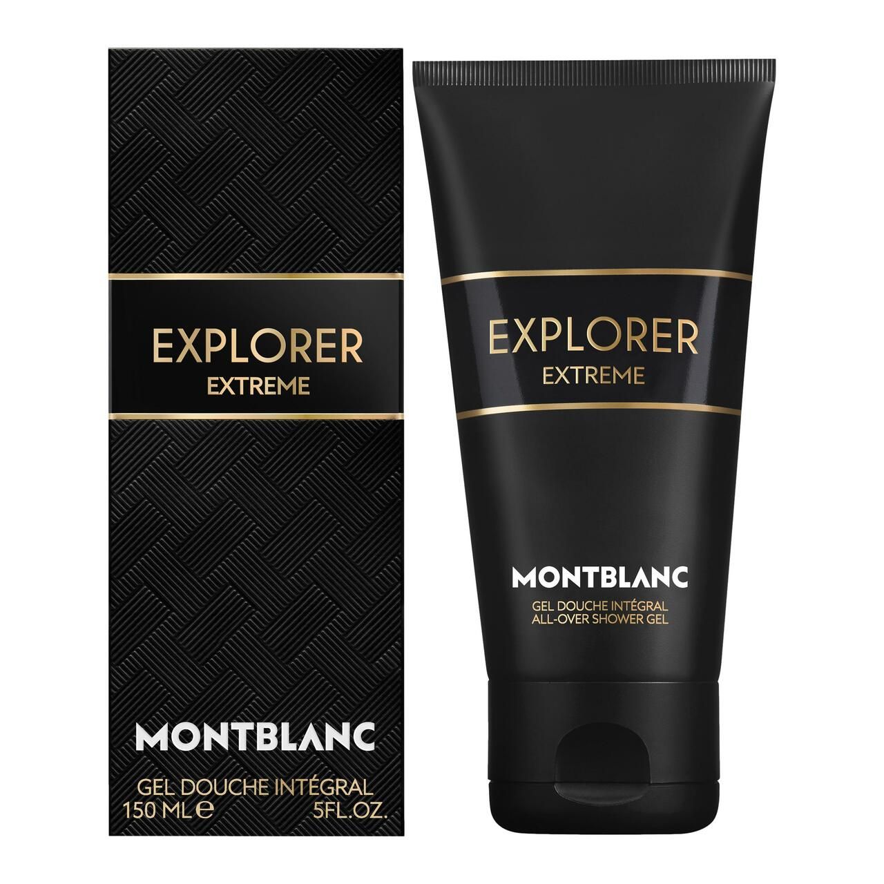 Schwarze Tube und Schachtel. Aufschrift EXPLORER EXTREME und MONTBLANC. Duschgel. Schachtel mit Muster.