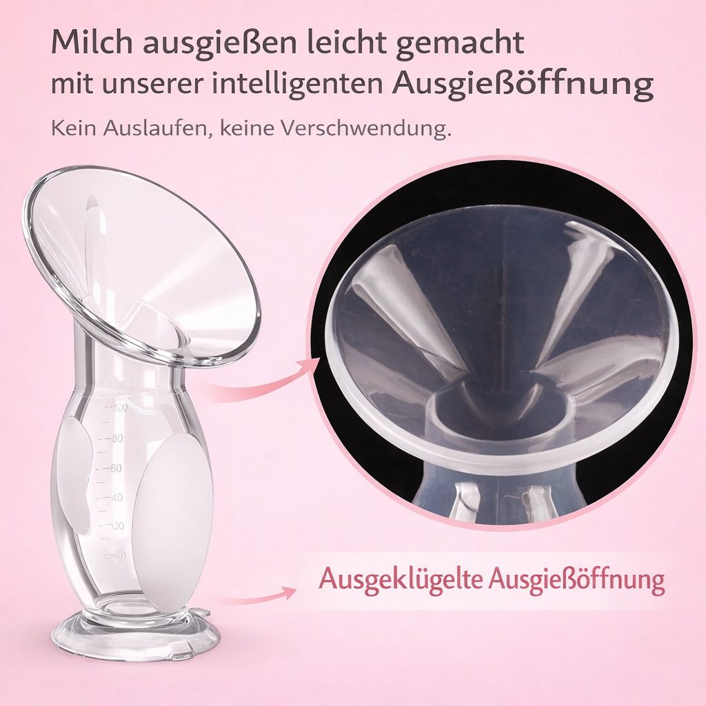 Milchpumpe mit Ausgießöffnung. Vergrößerte Ansicht der Ausgießöffnung. Kein Auslaufen, keine Verschwendung.