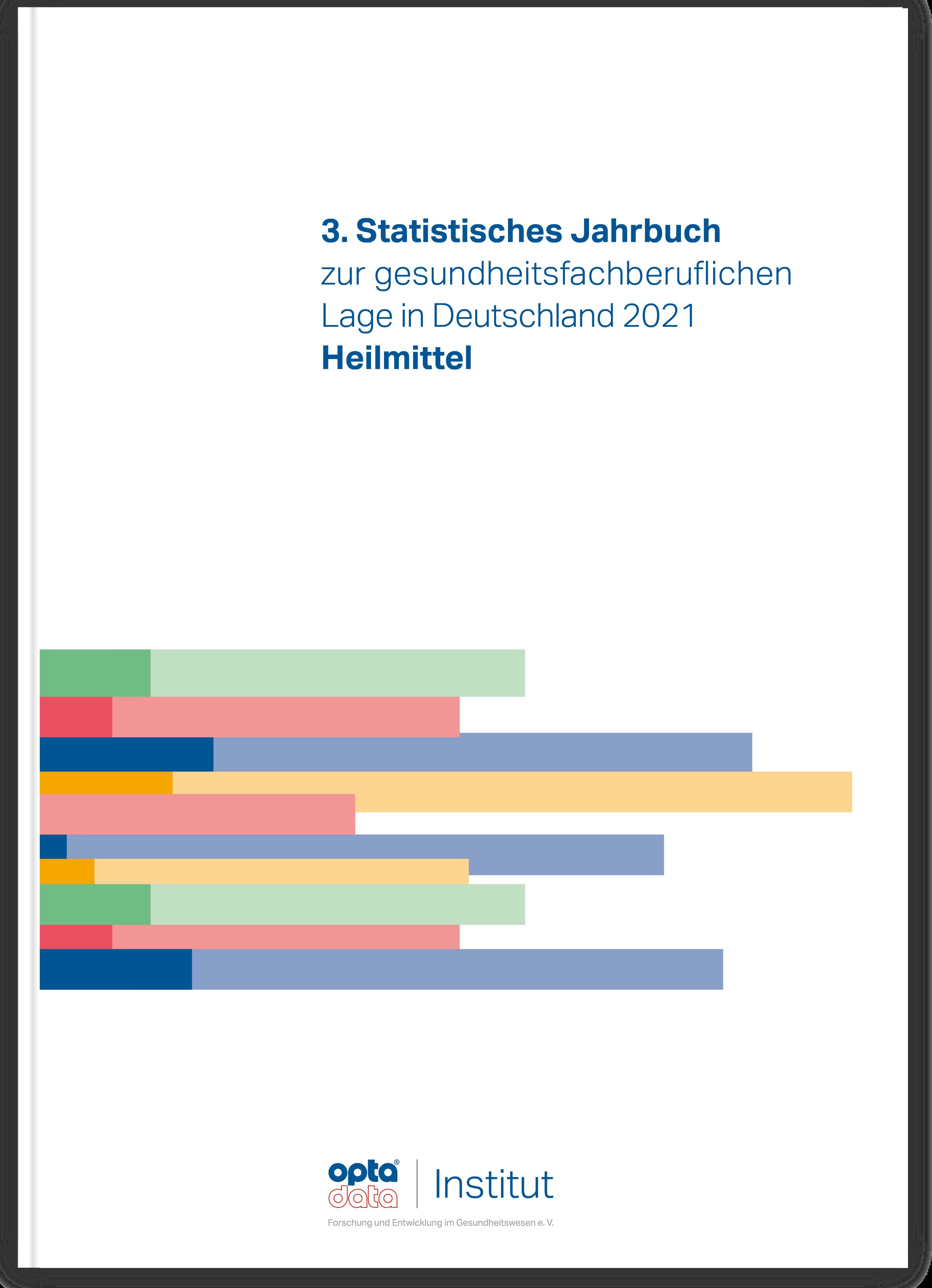 Buchcover: 3. Statistisches Jahrbuch zur gesundheitsfachberuflichen Lage in Deutschland 2021. Mit farbigen Balken und Opta data Institut Logo.