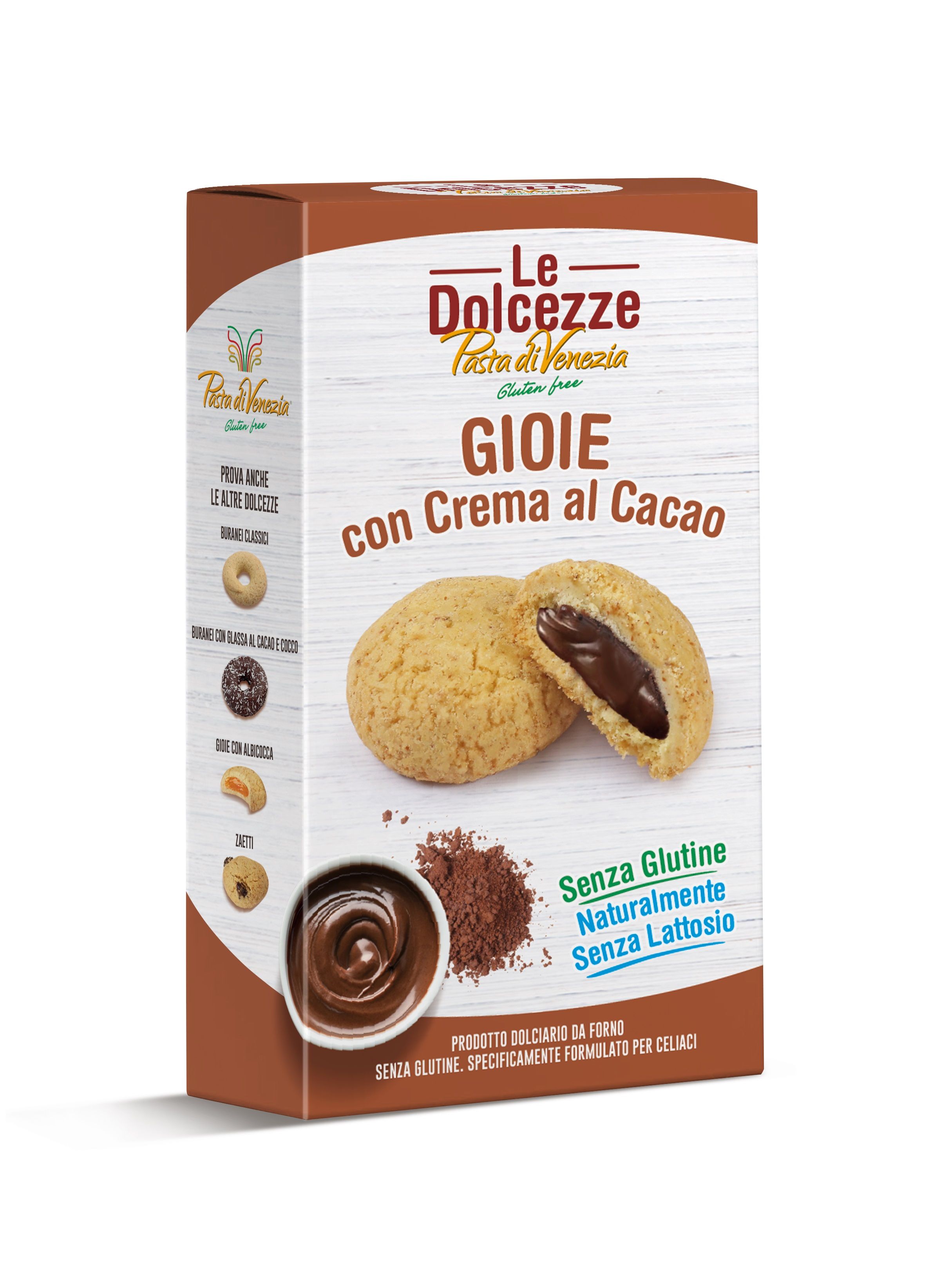 La confezione mostra "Gioie con Crema al Cacao" di Pasta di Venezia, senza glutine. Due biscotti, uno tagliato, rivelano un ripieno cremoso al cacao. Le parole "Senza Glutine" e "Senza Lattosio" sono visibili.