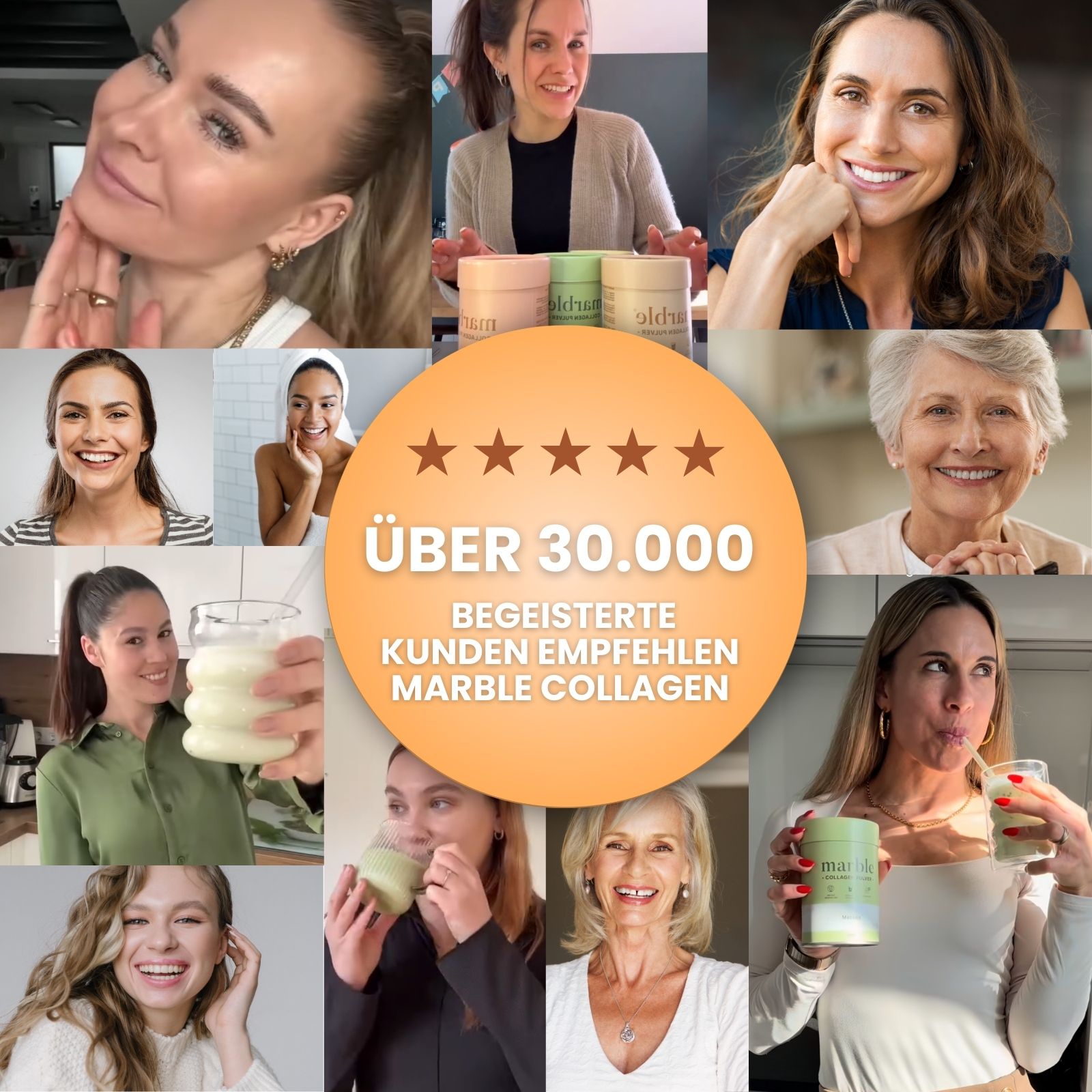 Collagen-Getränke von verschiedenen Frauen. Über 30.000 begeisterte Kunden empfehlen marble Collagen.