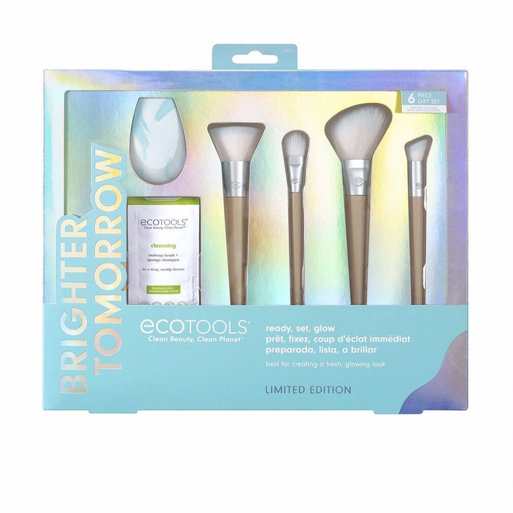 Geschenkset mit Make-up-Pinsel, Schwamm und Reinigungsprodukt. Verpackung mit Produktnamen und Aufschrift "Brighter Tomorrow".