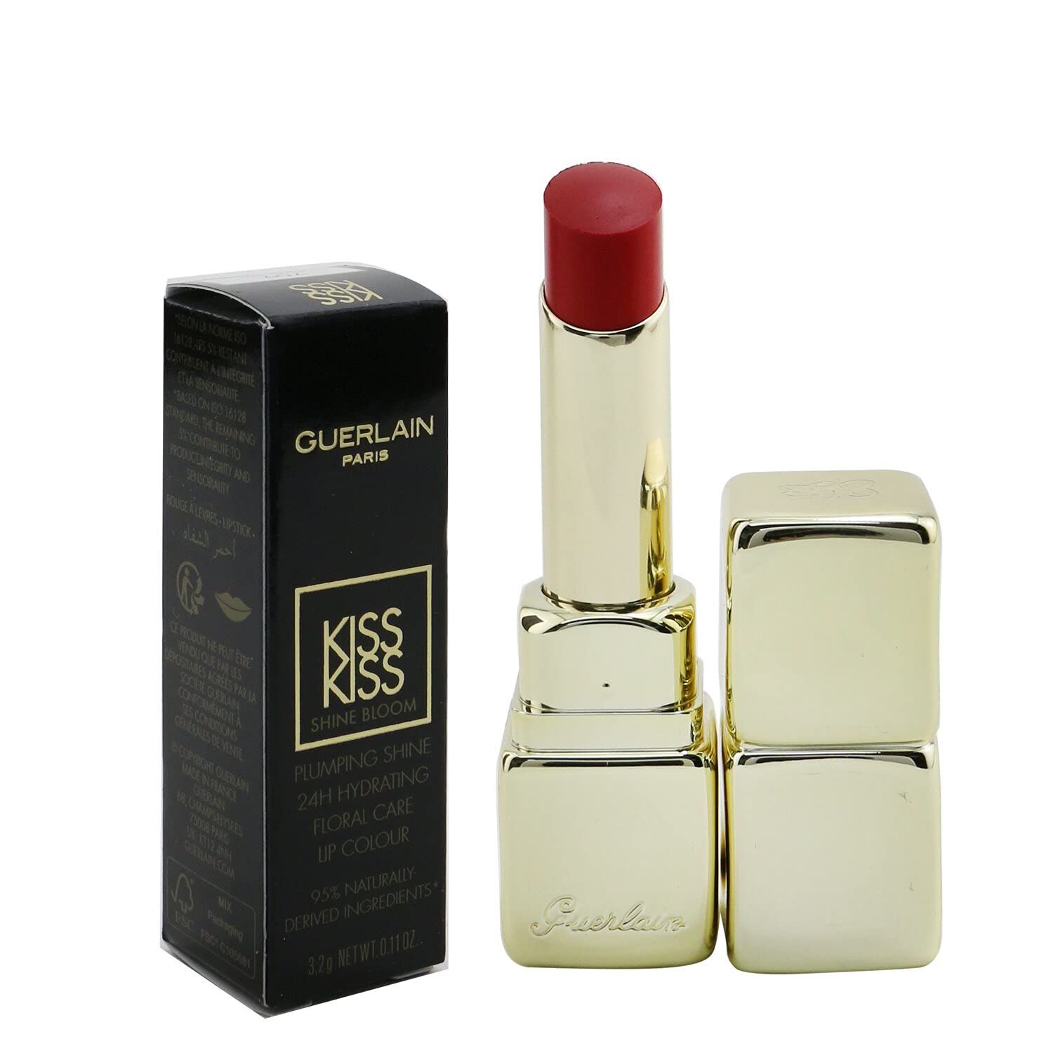 Guerlain Kiss Kiss Shine Bloom Lippenstift 709 Petal red. Schwarze Schachtel und goldener Lippenstift. Lippenstift geöffnet, rote Spitze sichtbar.