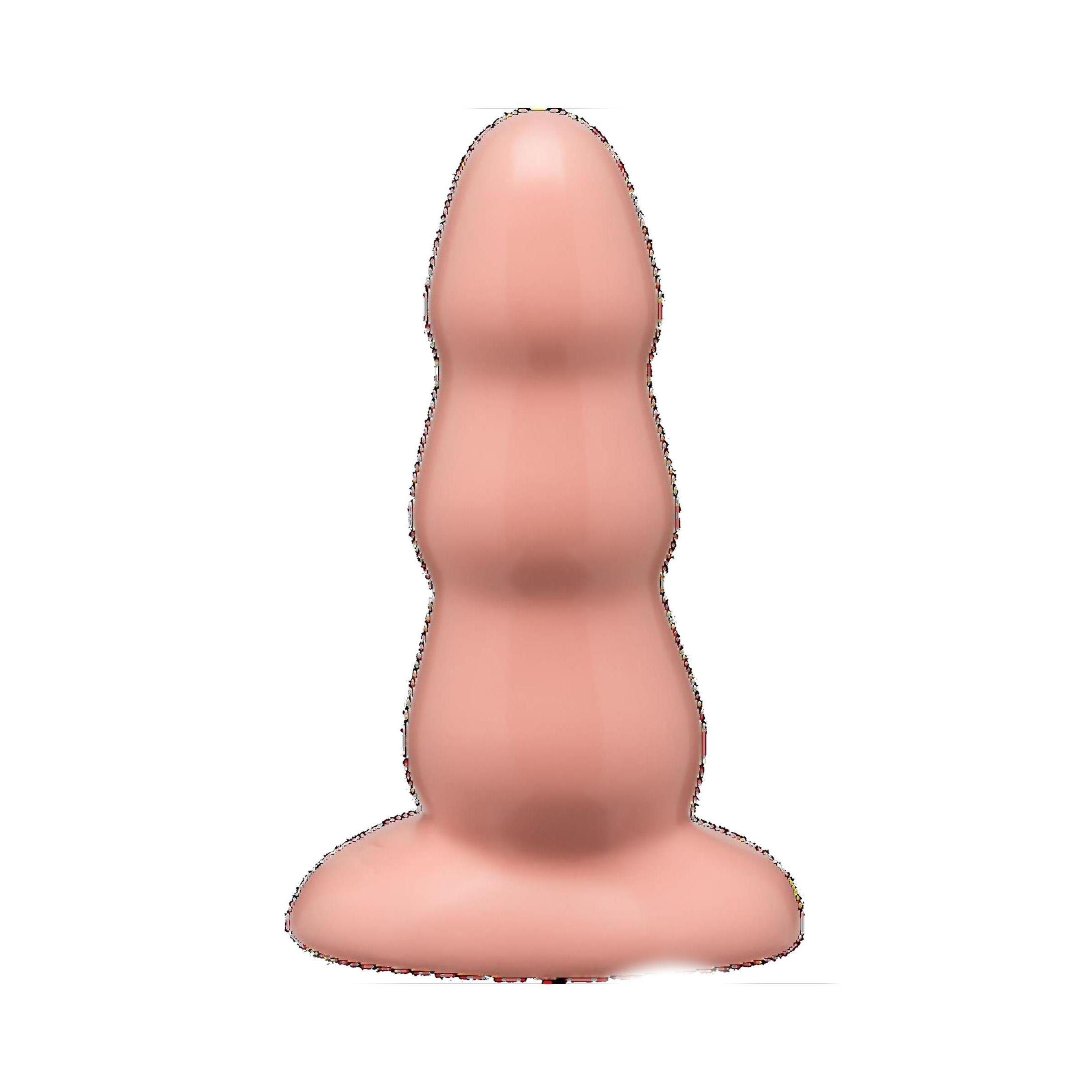 Rosa Butt Plug. Gerippte Form. Breiter Sockel. Glatte Oberfläche. Auf weißem Hintergrund.