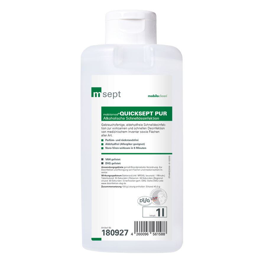 Transparente Flasche mit weißem Klappverschluss. Aufkleber mit Produktinformationen und Logo.