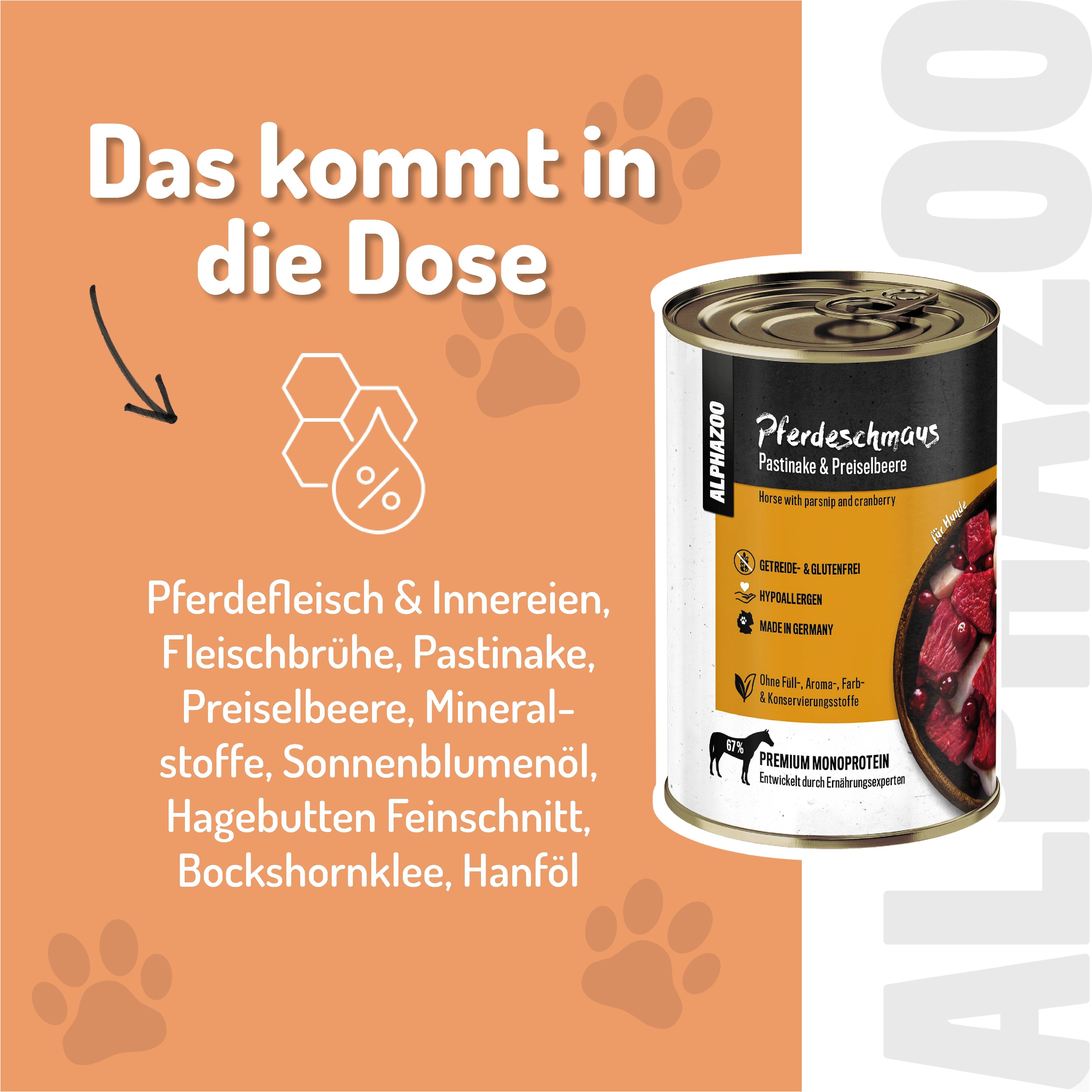 Dose Nassfutter für Hunde. Aufschrift: Pferdeschmaus, Pastinake & Preiselbeere. Zutatenliste mit Pferdefleisch, Innereien, Gemüse und Kräutern. ALPHAZOO Logo.