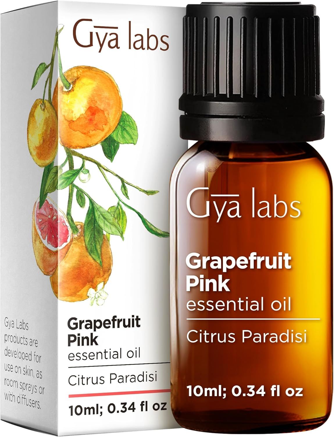 Produktverpackung mit Flasche. Text: "Gya labs Grapefruit Pink essential oil". Flasche: 10ml, 0.34 fl oz. Abbildung: Grapefruit-Zweig.