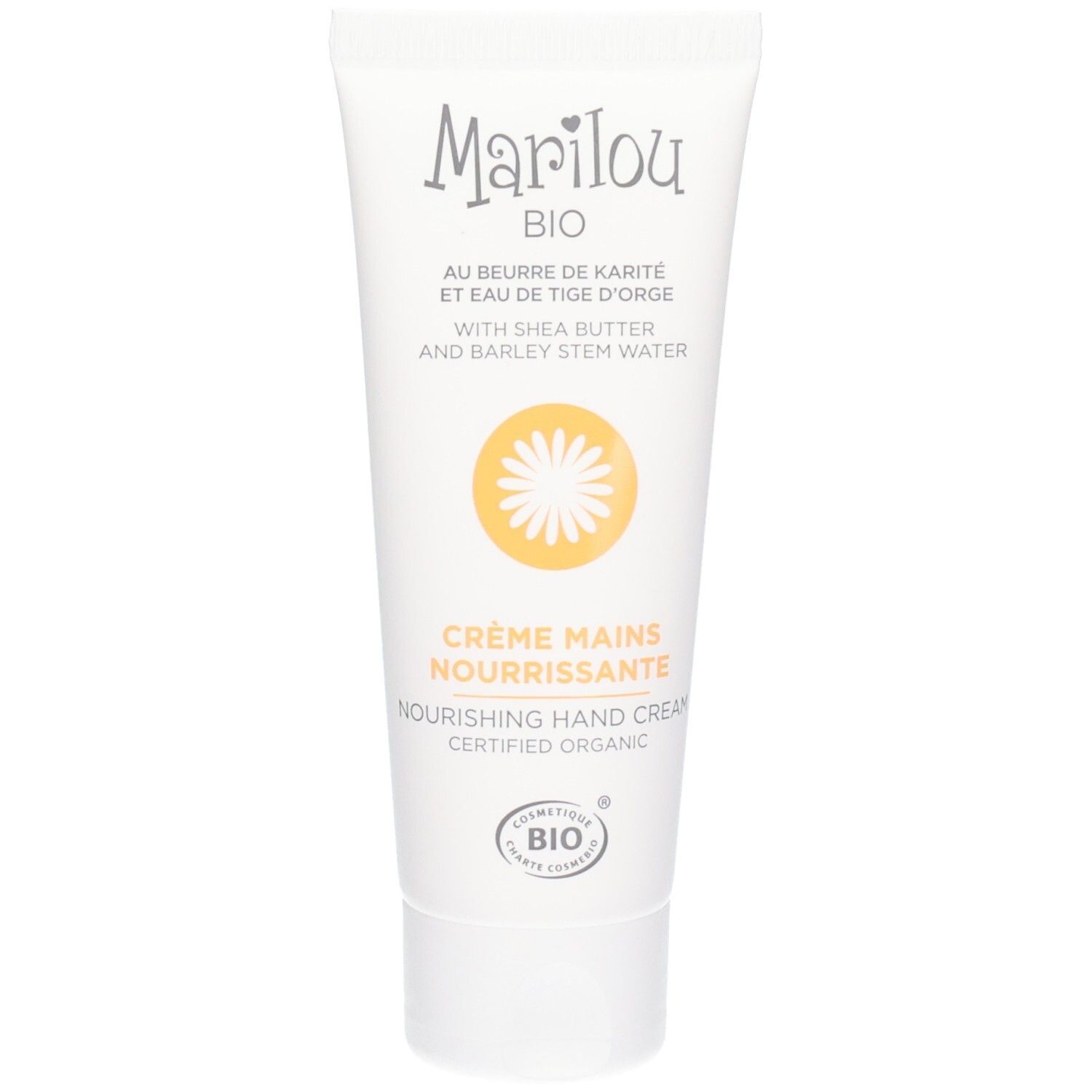 Weiße Tube mit Marilou BIO Nourishing Hand Cream. Enthält Shea Butter und Gerstenstammwasser. Zertifiziert biologisch.