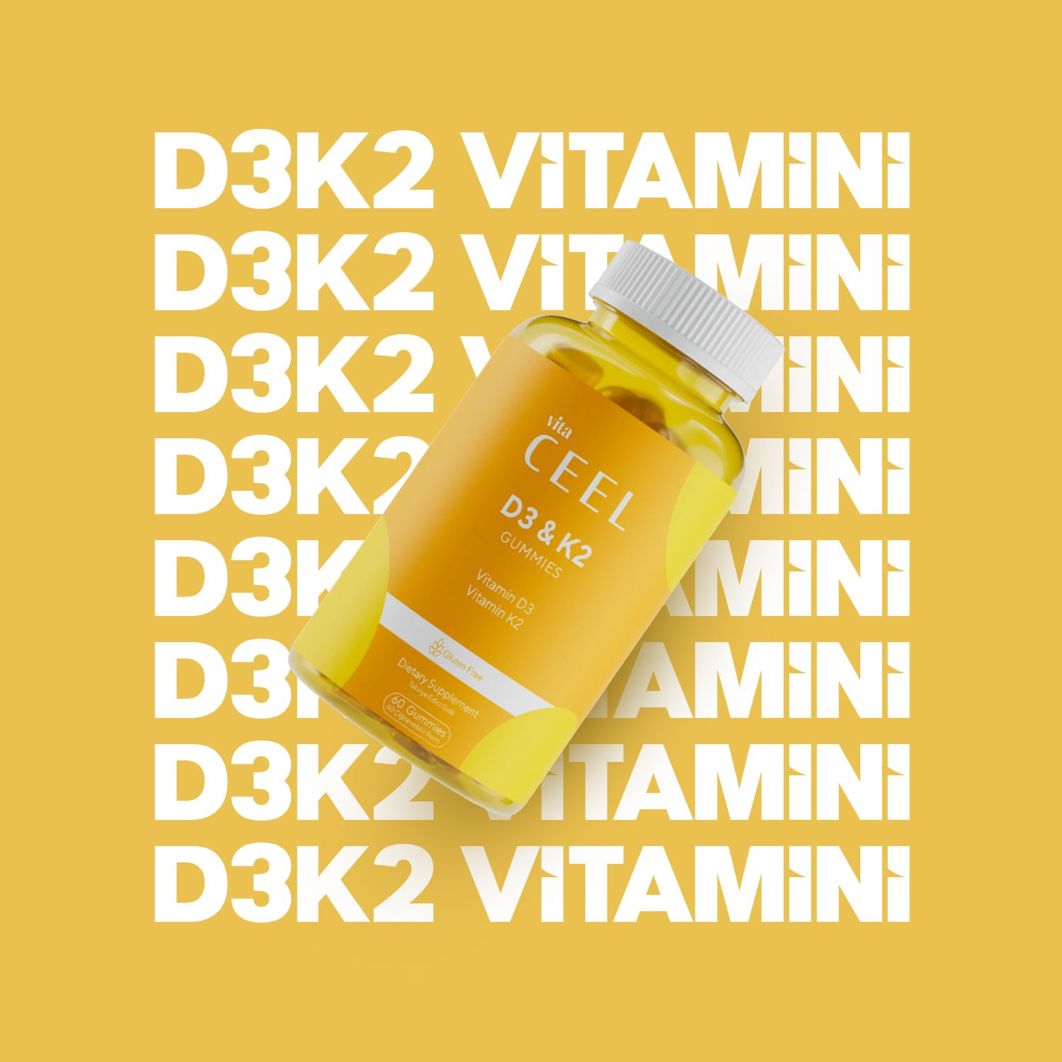 VITA CEEL D3 & K2 Gummies Flasche auf einem gelben Hintergrund mit sich wiederholendem Text.