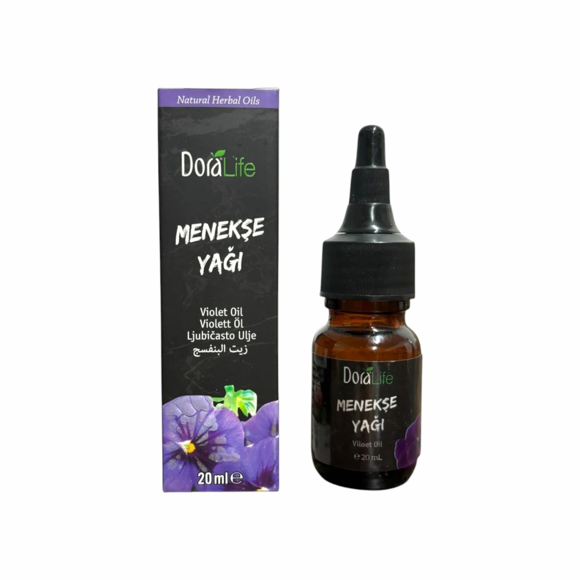 DoraLife Veilchenöl. Braune Glasflasche mit schwarzem Verschluss und Tropfer. Daneben Schachtel mit Produktinformationen und Logo.
