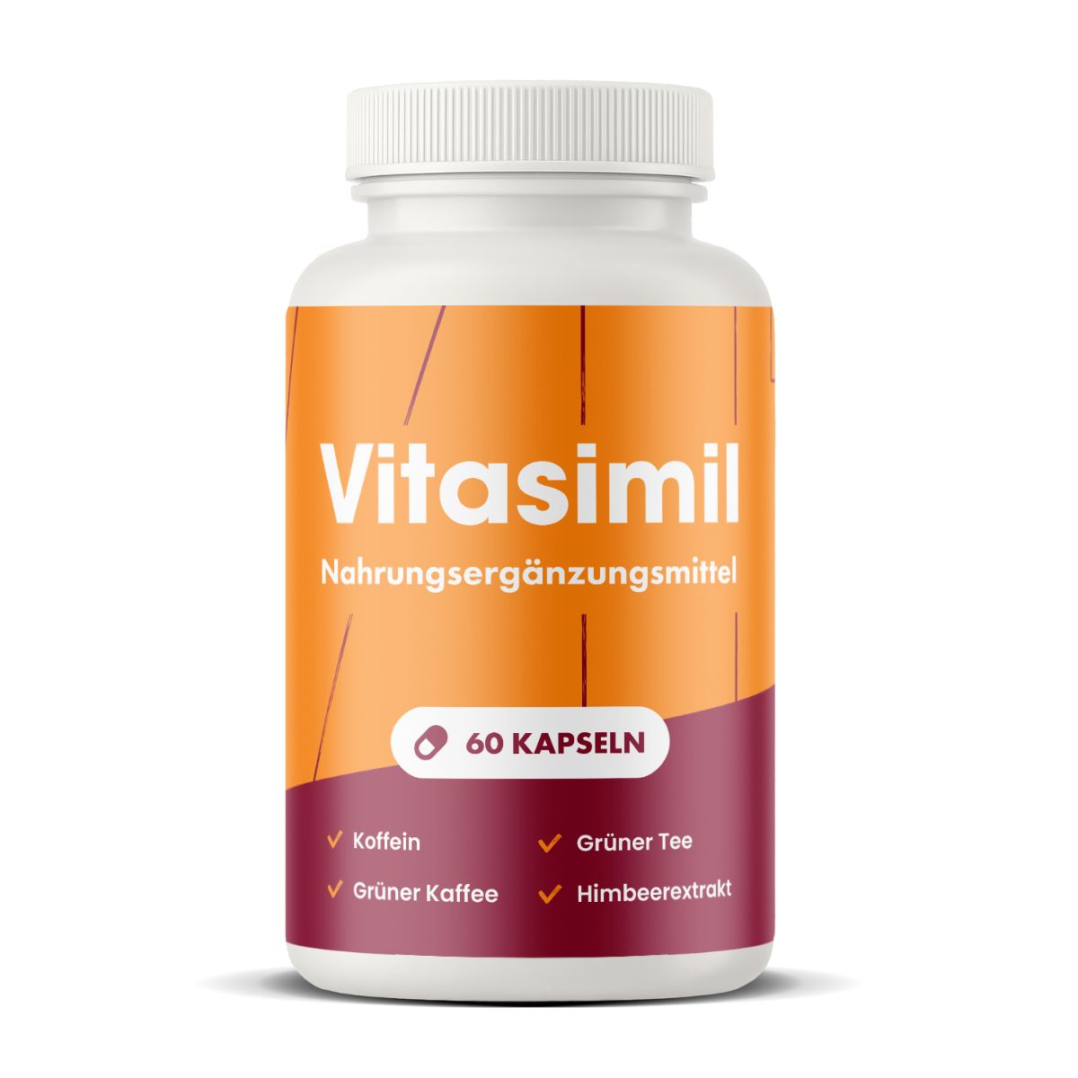 Weiße Flasche mit Vitasimil-Etikett. Orange-rotes Design, 60 Kapseln. Enthält Koffein, grünen Tee, grünen Kaffee und Himbeerextrakt.