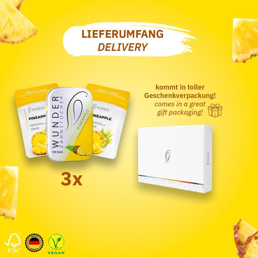 Bundle mit Metallbox, 2 Nachfüllpackungen und Geschenkbox. Gelbes Design mit Ananas-Motiv. Text: 'Lieferumfang'.