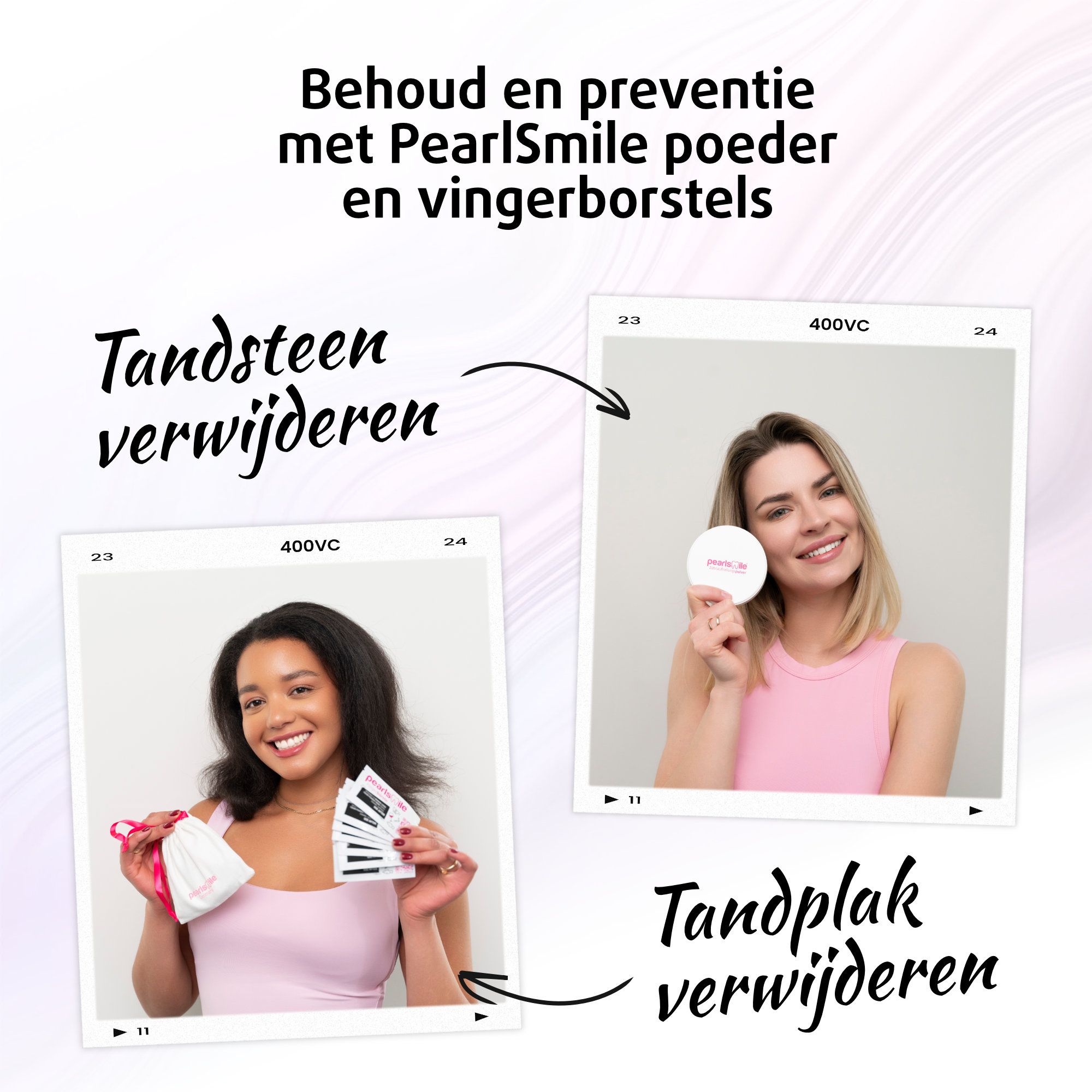 Vrouw met mondstuk leest boek. Verschillende tanden tonen voor- en na-effect. Tot 9 tinten lichter.