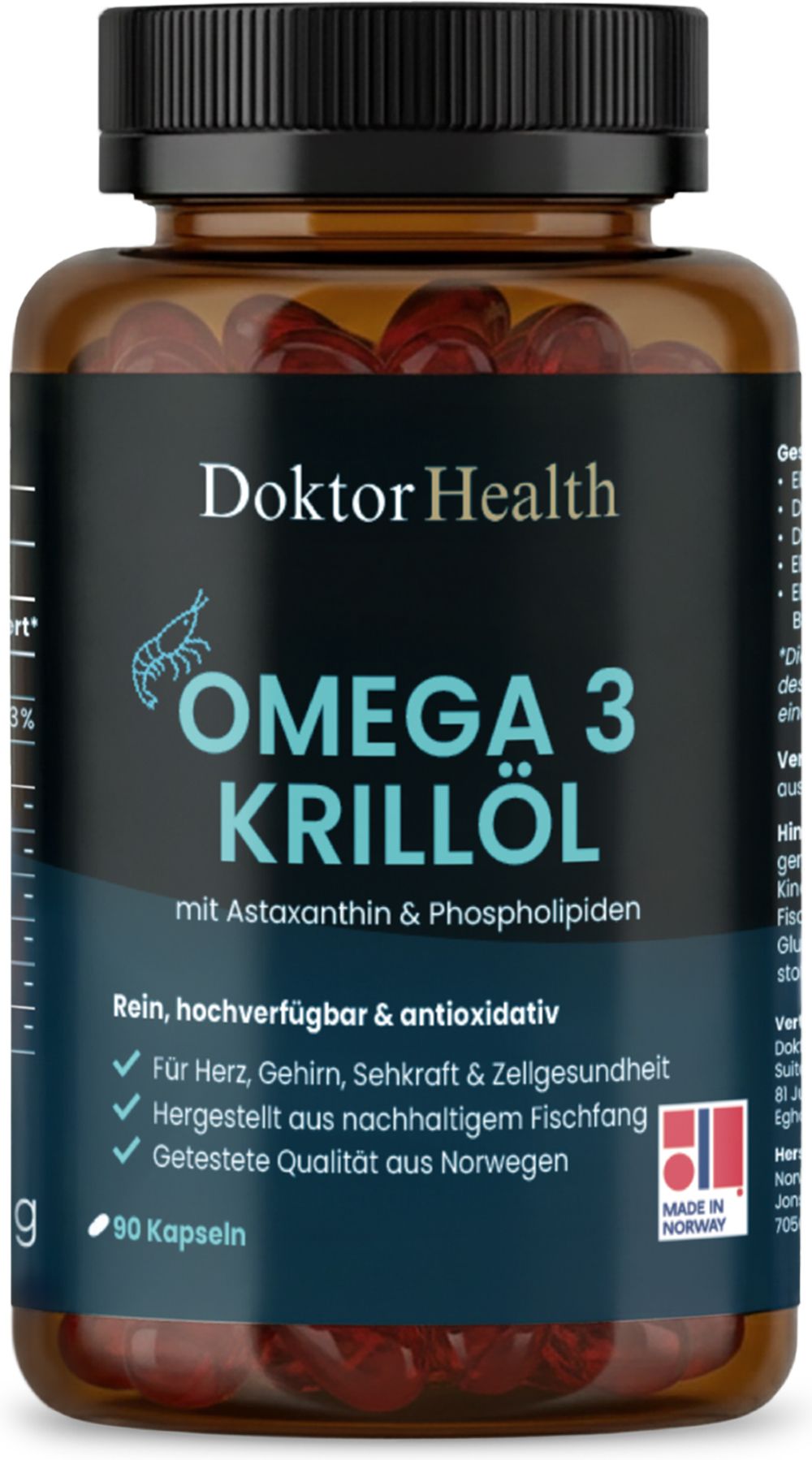 Braune Flasche mit Kapseln. Aufschrift: Doktor Health Omega 3 Krillöl. Mit Astaxanthin & Phospholipiden. 90 Kapseln. Hergestellt in Norwegen.