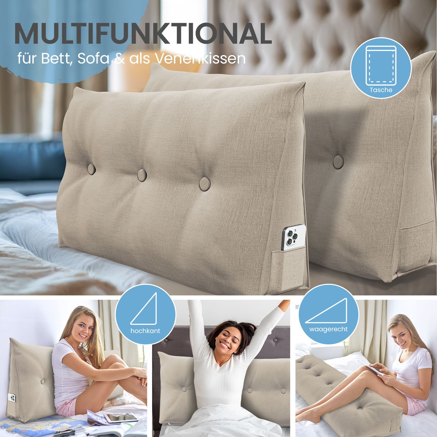 Beiges Stützkissen mit Knöpfen. Mit Smartphone-Tasche. Text: Multifunktional für Bett, Sofa & als Venenkissen. Frauen nutzen Kissen.