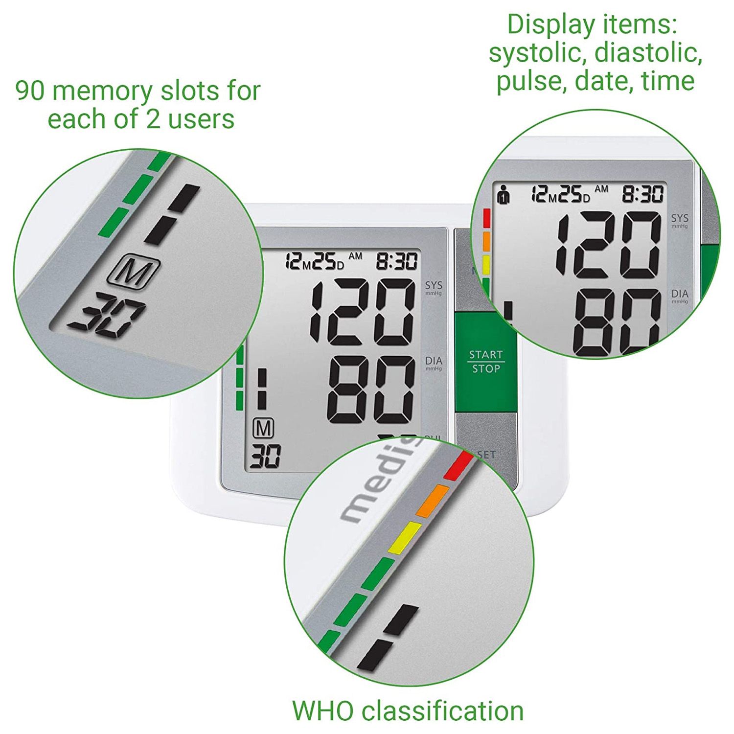 Blutdruckmessgerät mit Display. Zeigt Messwerte an. 90 Speicherplätze für 2 Benutzer. WHO-Klassifizierung.