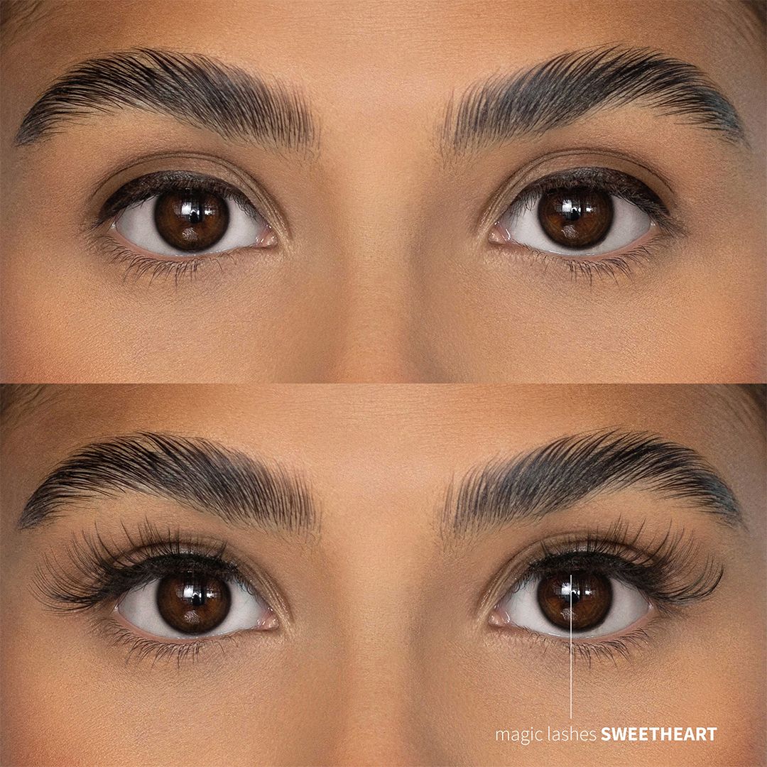 Augenpaar mit und ohne Fleeky Magic Lashes Sweetheart. Kunstwimpern am unteren Augenlid. Text: magic lashes SWEETHEART.