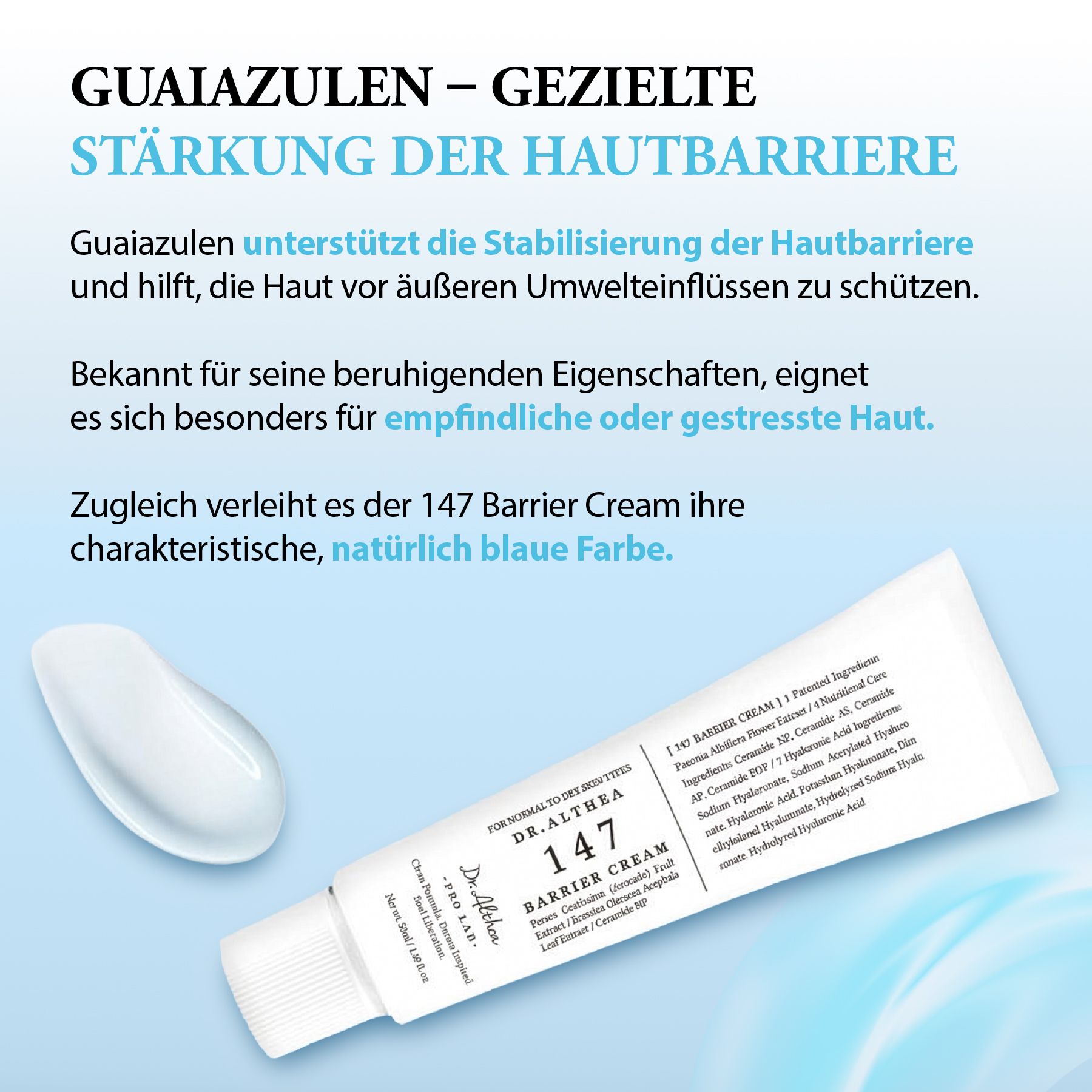 Tube Dr. Althea 147 Barrier Cream mit Creme daneben. Text in deutscher Sprache über die Stärkung der Hautbarriere.