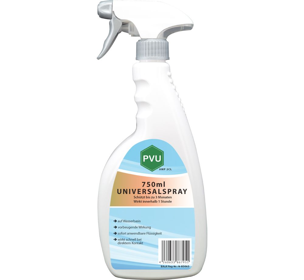 Weiße Sprühflasche mit grauem Sprühkopf. Aufschrift: PVU UNIVERSALSPRAY 750ml. Blaue und weiße Etikett mit Produktinformationen.