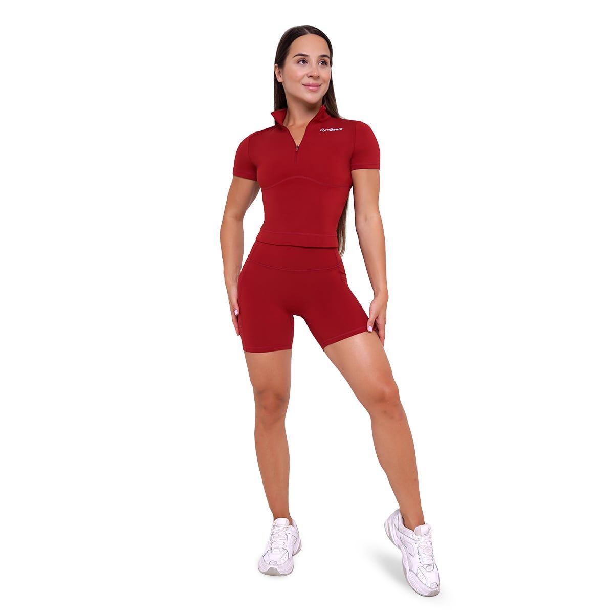 GymBeam Damen Cropped T-Shirt Ignite Slim mit Kragen Kurzarm Dunkelrot