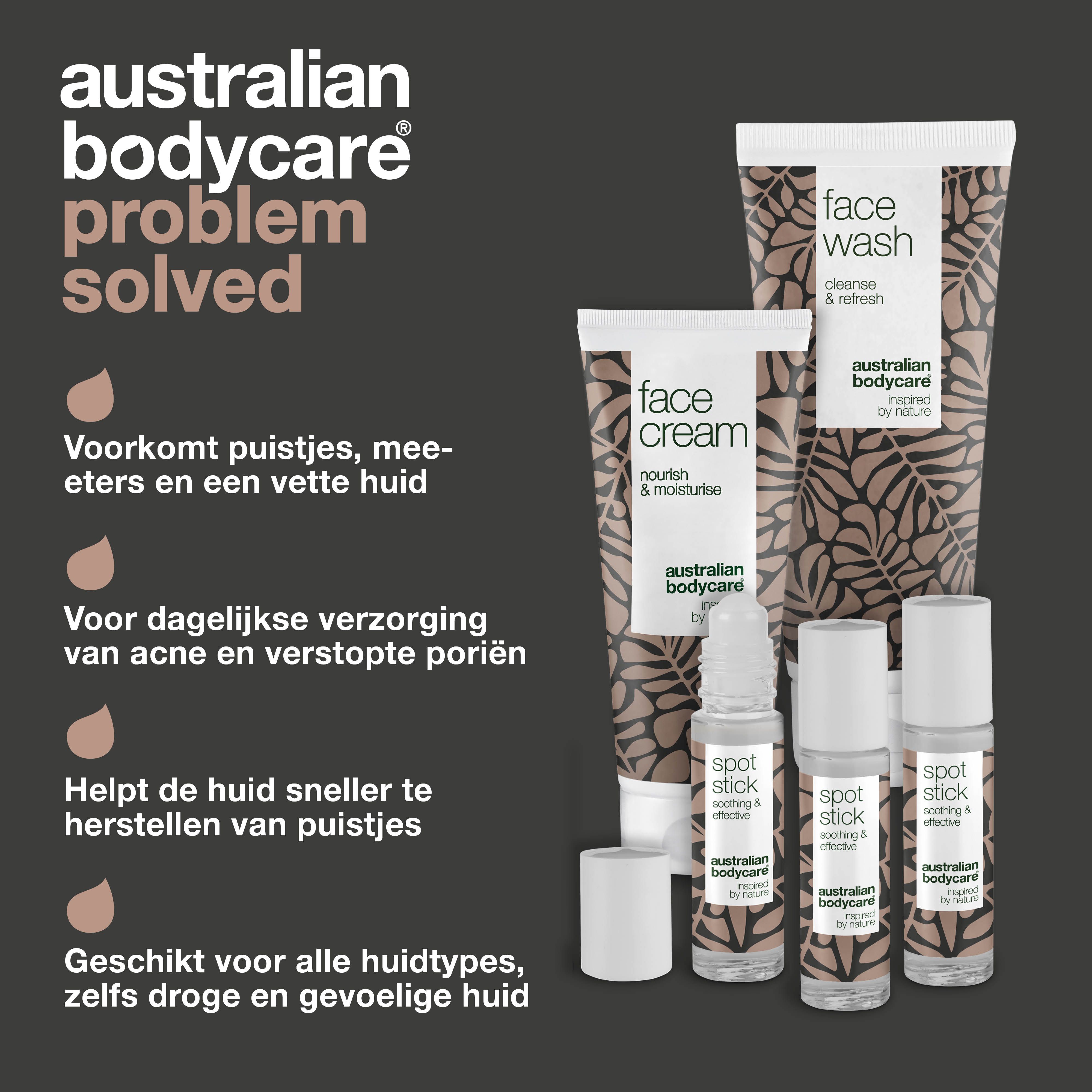 Productillustratie: probleem (puistjes) en oplossing (gezichtsverzorgingsproducten). Tekst in het Nederlands.