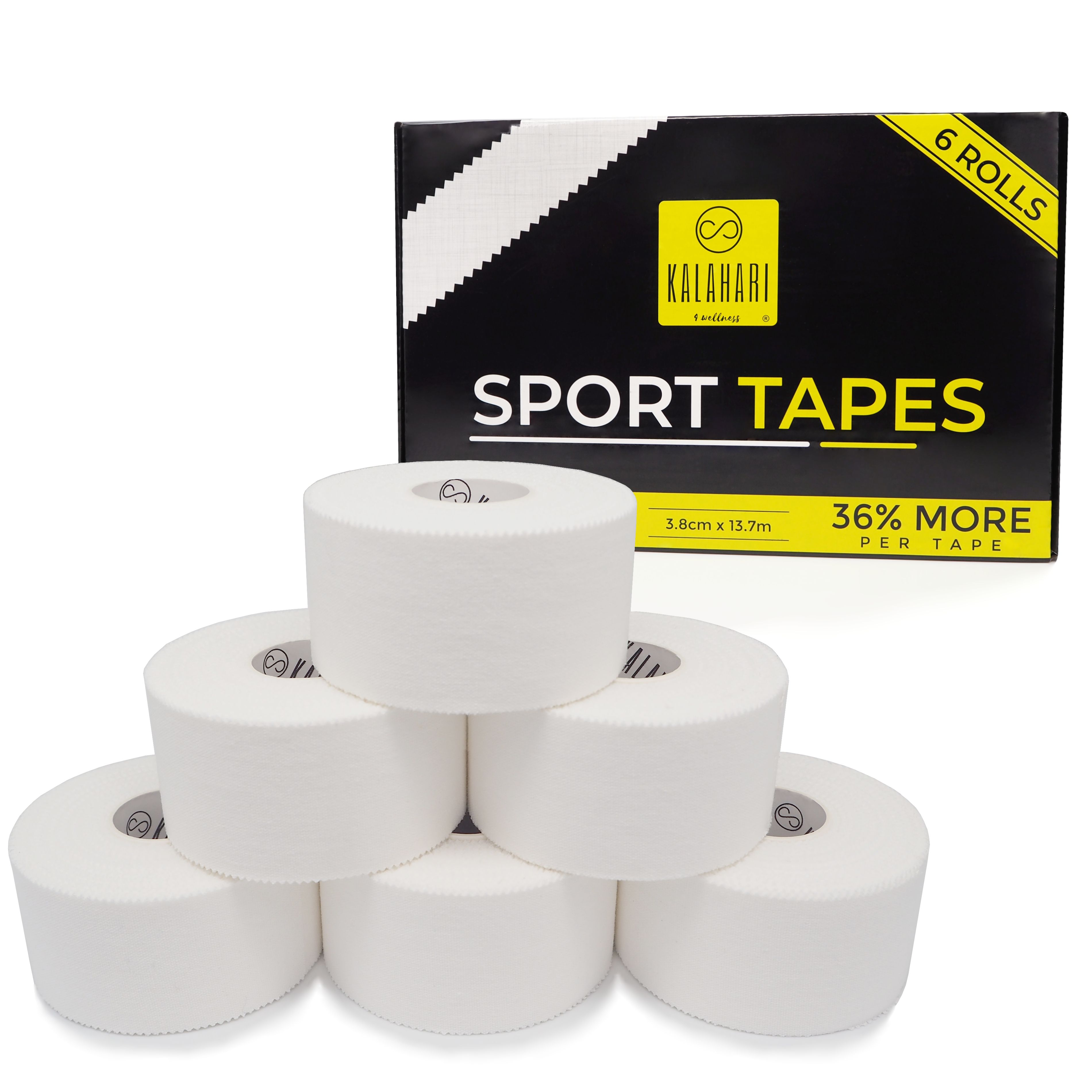 Sechs Rollen weißes Sporttape in einer schwarzen Verpackung mit gelbem Logo.