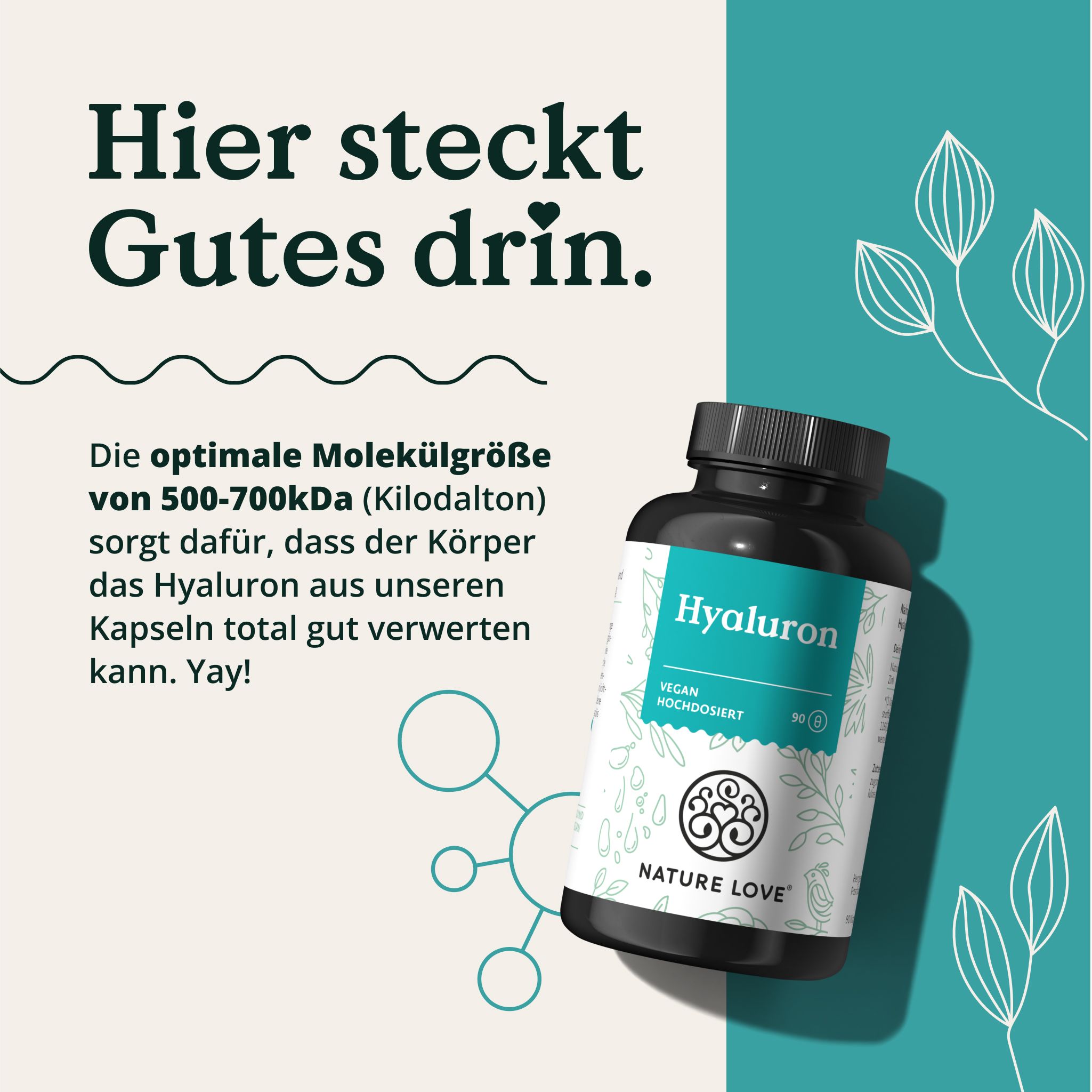 Braune Flasche mit weißem Etikett. Text: Optimale Molekülgröße von 500-700kDa. Logo: NATURE LOVE®. Kapseln.