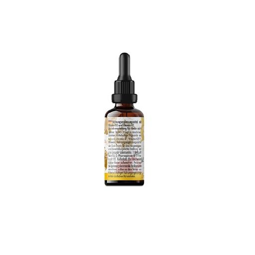 ProFuel D3+K2 Kinder Tropfen Flasche. Braune Glasflasche mit Pipette. Gelbes Etikett mit Text.