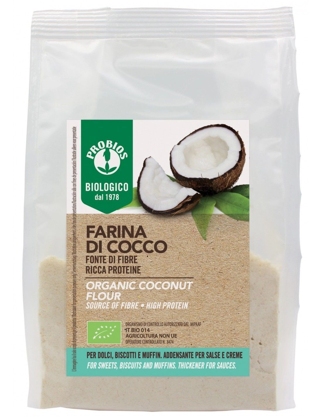 Confezione di farina di cocco. Scritte: "Probios", "Farina di Cocco", "Organic Coconut Flour". Immagine di una noce di cocco.