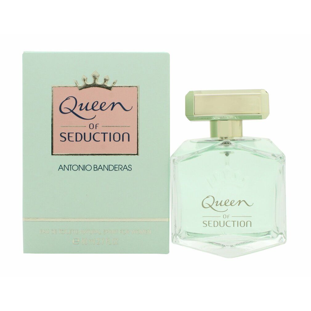 Antonio Banderas Parfumflakon und Verpackung. Aufschrift: Queen of Seduction. Goldfarbener Verschluss, hellgrünes Parfum.