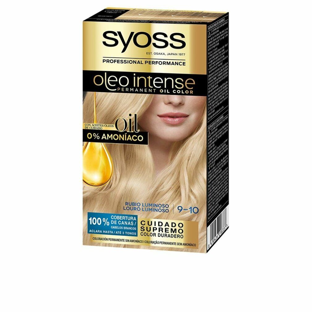 Syoss Oleo Intense Haarfarbe, 9-10 Biondo Luminoso. Verpackung mit Produktabbildung und Text. 0% Ammoniak.