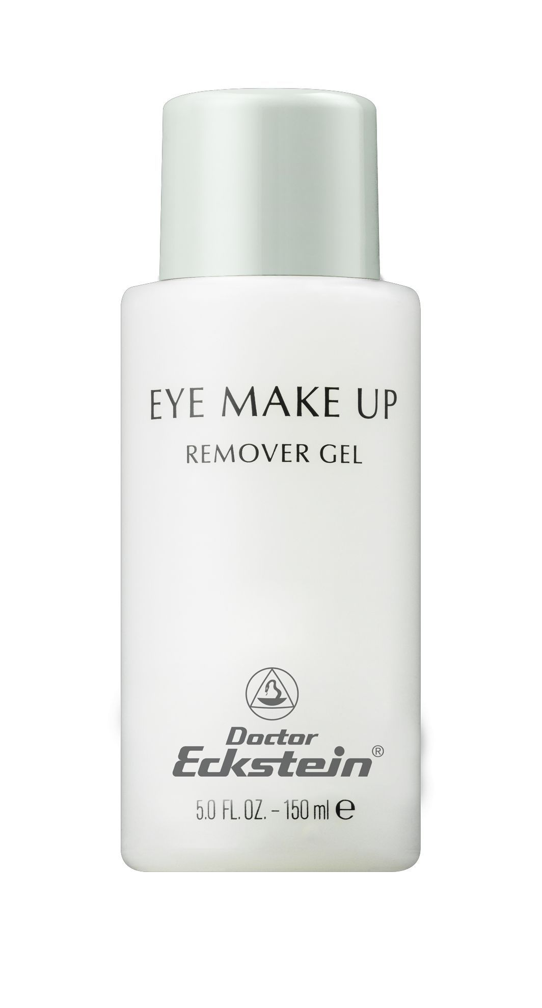 Weiße Flasche mit grünem Deckel. Aufschrift: EYE MAKE UP REMOVER GEL. Marke: Doctor Eckstein. Volumen: 150 ml.