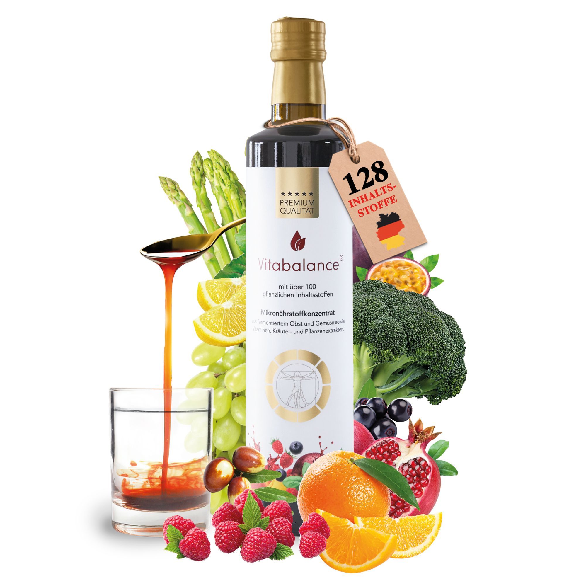 Flasche Vitabalance Mikronährstoffkonzentrat umgeben von frischem Obst und Gemüse. "128 Inhaltsstoffe".