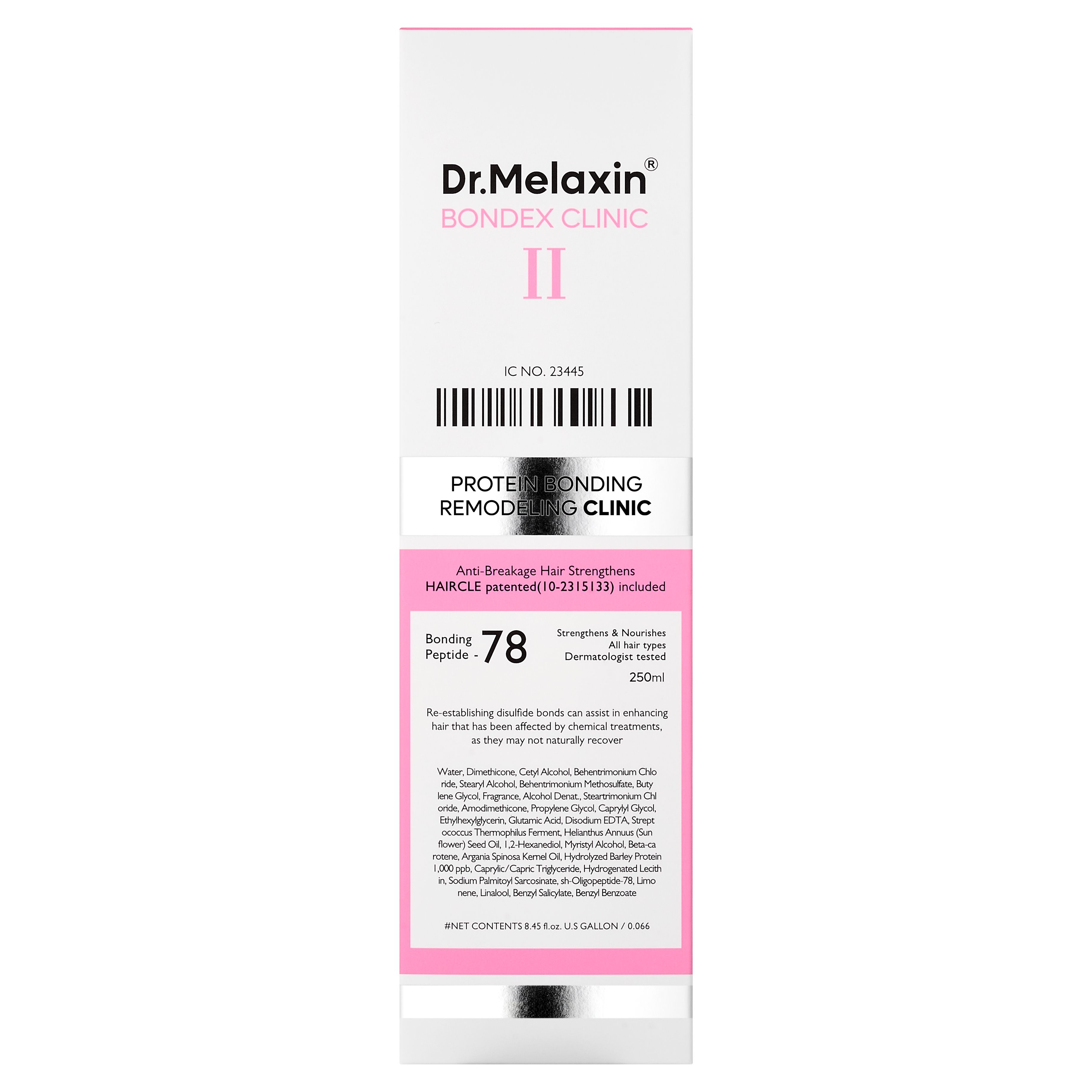 Weiße Schachtel mit rosa Etikett. Aufschrift: Dr.Melaxin Bondex Clinic II. Text: Protein Bonding Remodeling Clinic. Barcode und weitere Informationen.