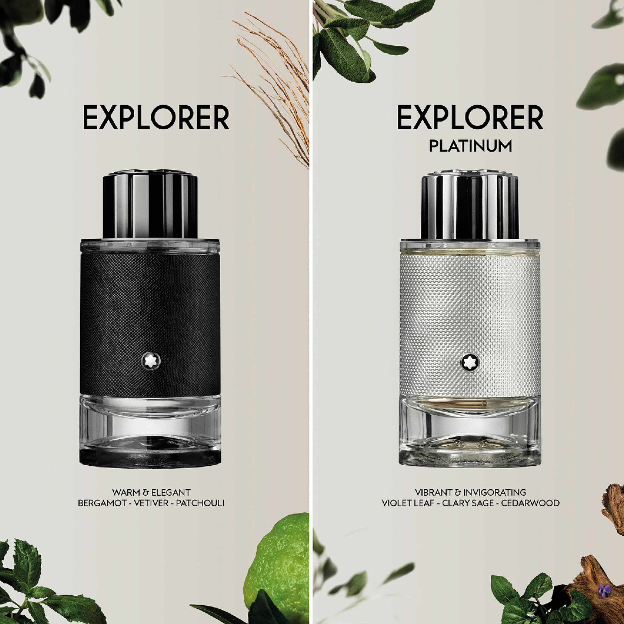 Zwei Flakons nebeneinander: Schwarz und Silber. Text: 'EXPLORER PLATINUM'. Duftnoten darunter.