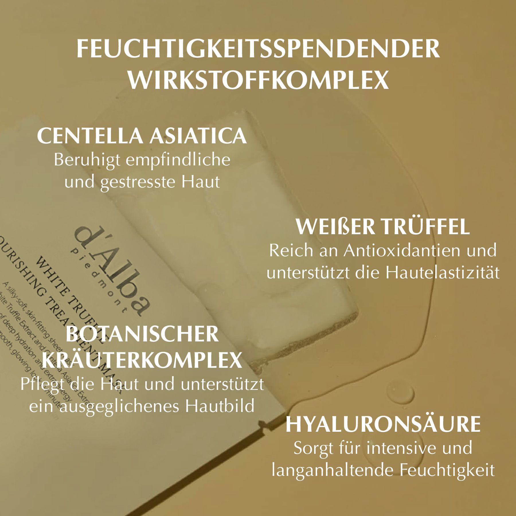 d'Alba White Truffle Mask. Maske und Inhaltsstoffe. Text: Centella Asiatica, Hyaluronsäure, weißer Trüffel.