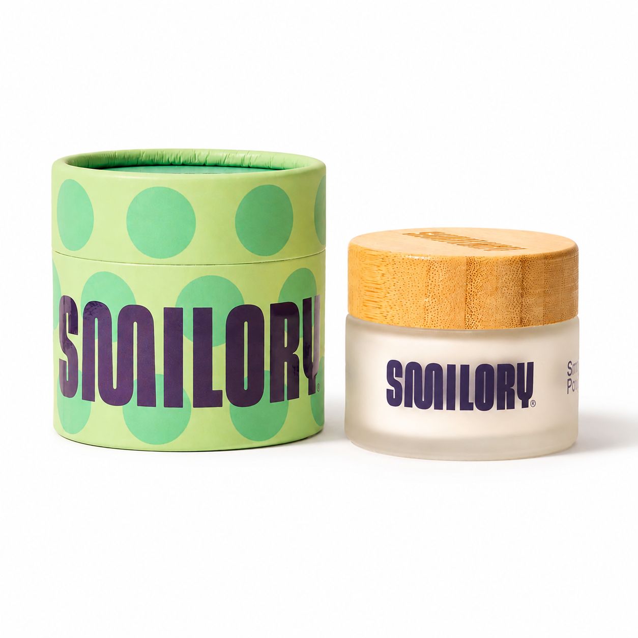 Smilory® Tiegel mit Holzdeckel und runder Dose mit grünen Punkten.