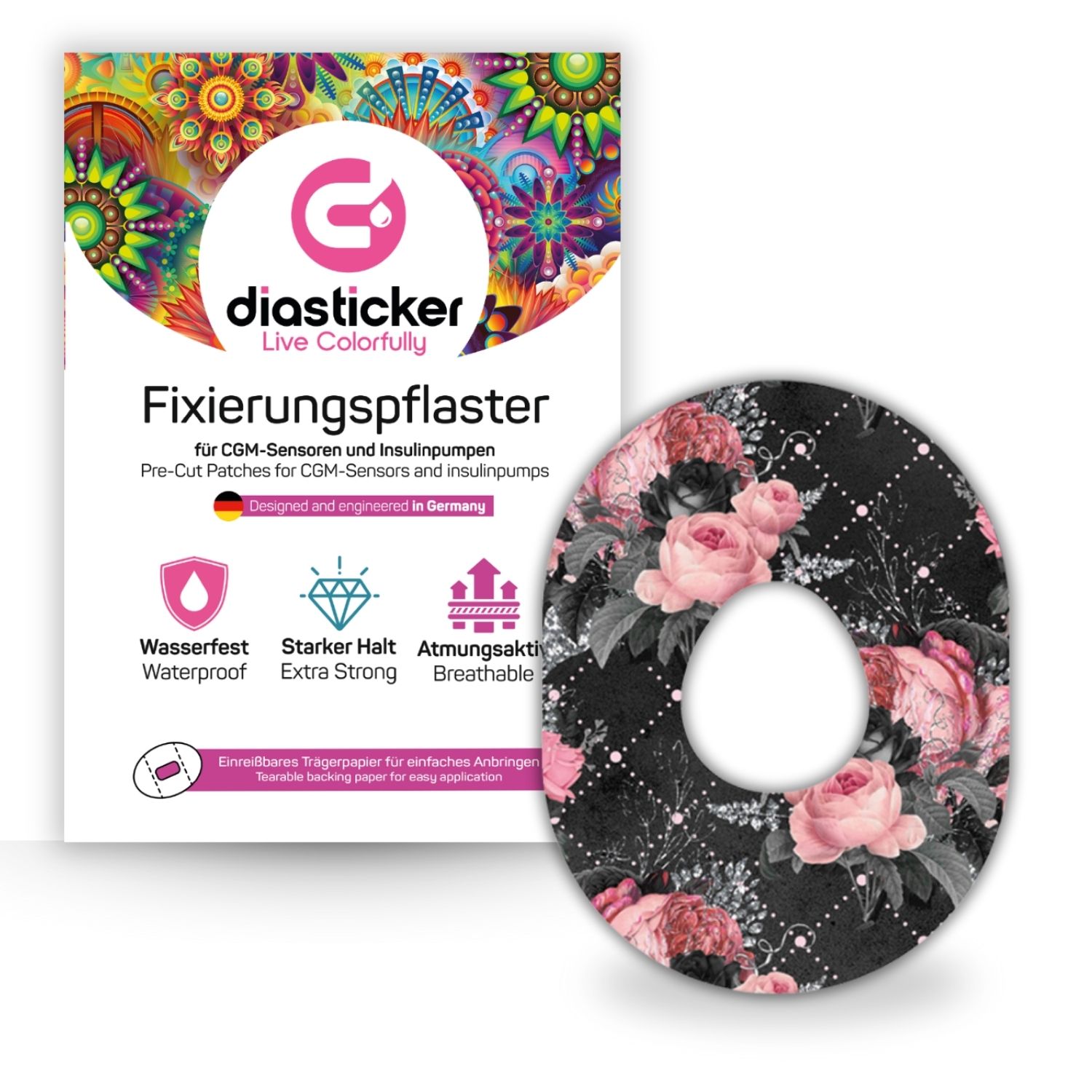 Diasticker® Dexcom G7 Fixiertapes 'Black Floral' 5 St