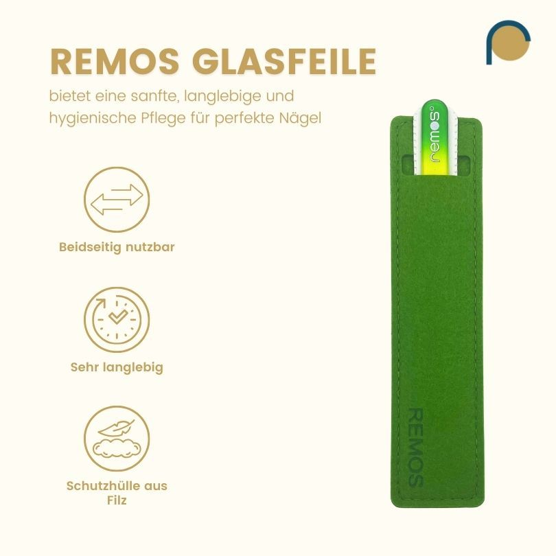 Glasnagelfeile mit grünem Etui. Text: REMOS Glasfeile. Beidseitig nutzbar. Sehr langlebig. Schutzhülle aus Filz.