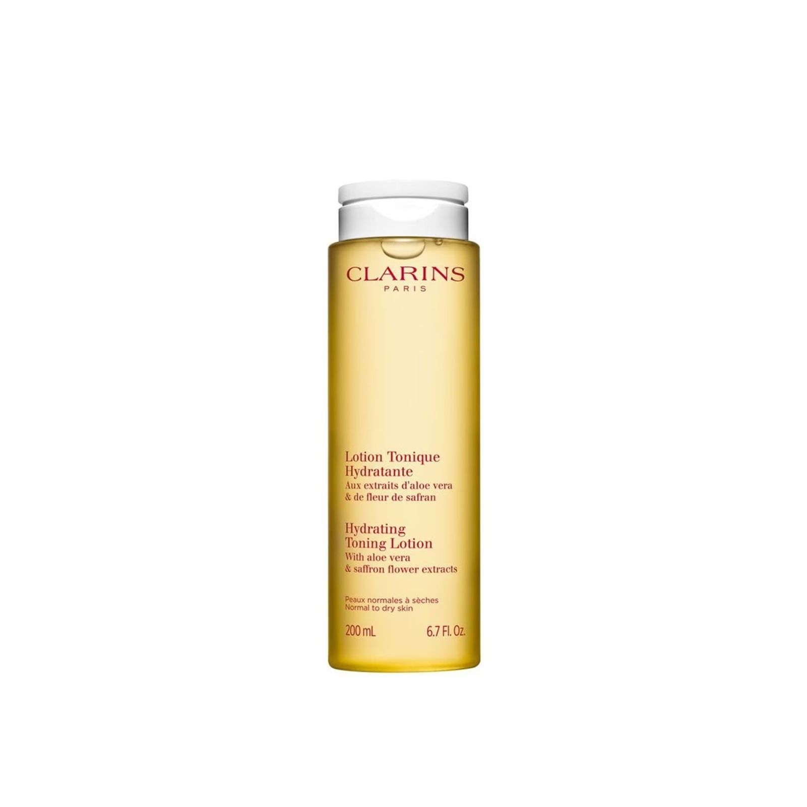 Gelbe Flasche mit weißem Deckel. Aufschrift: CLARINS PARIS. Text: Hydrating Toning Lotion. Mit Aloe Vera & Safranblütenextrakten. 200 ml.