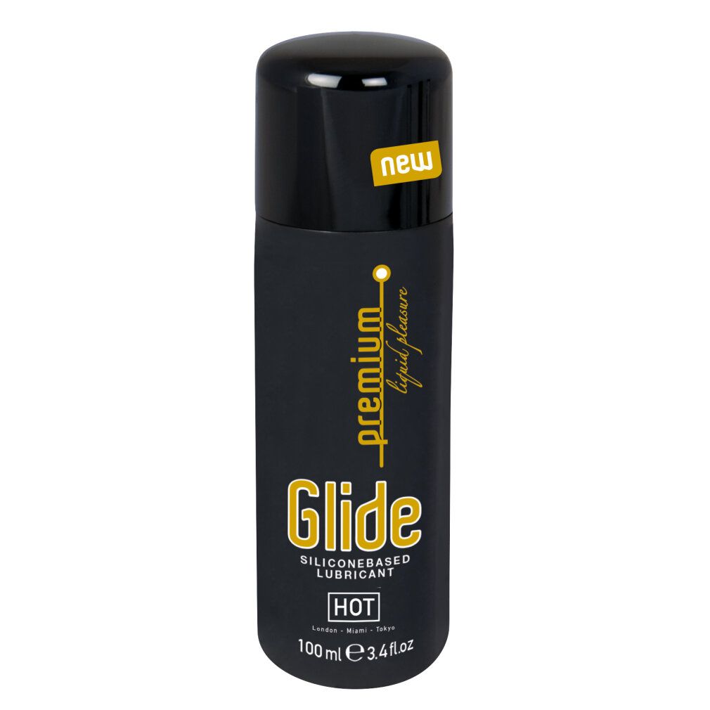Schwarze Flasche mit schwarzem Deckel. Aufschrift: Premium Glide, HOT, 100ml, NEW.