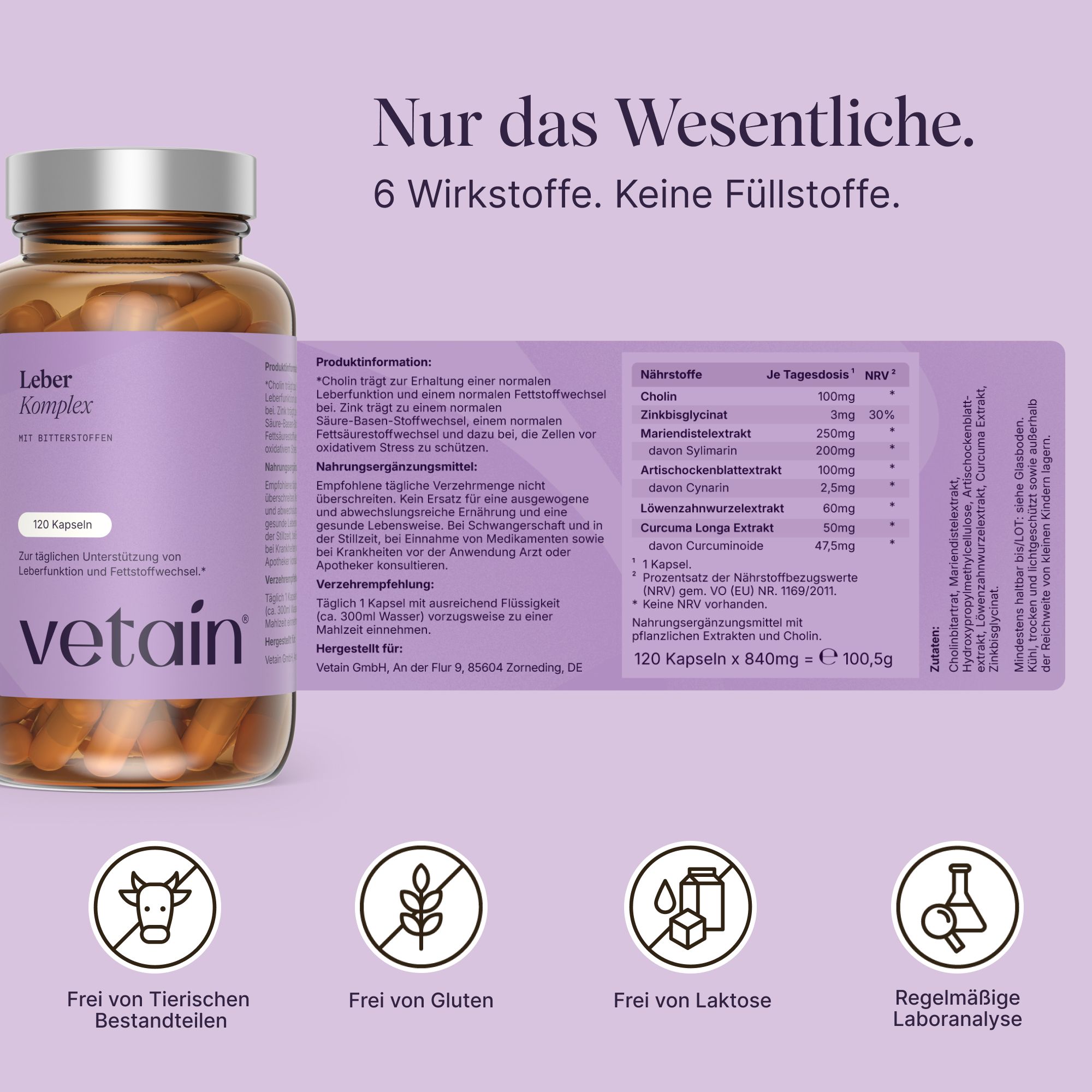 VETAIN Leber Komplex - Leberkur mit Mariendistel, Löwenzahn, Cholin, Artischocke, Curcuma & Zink