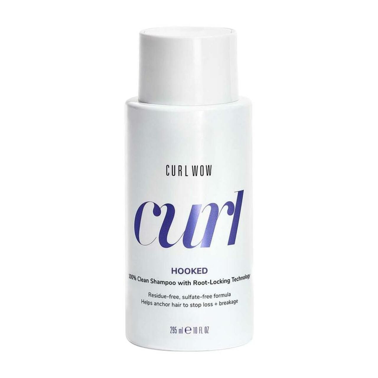 Weißes Shampoo mit lila Schriftzug "curl". "CURL WOW" und "HOOKED" sind ebenfalls sichtbar. 295 ml.