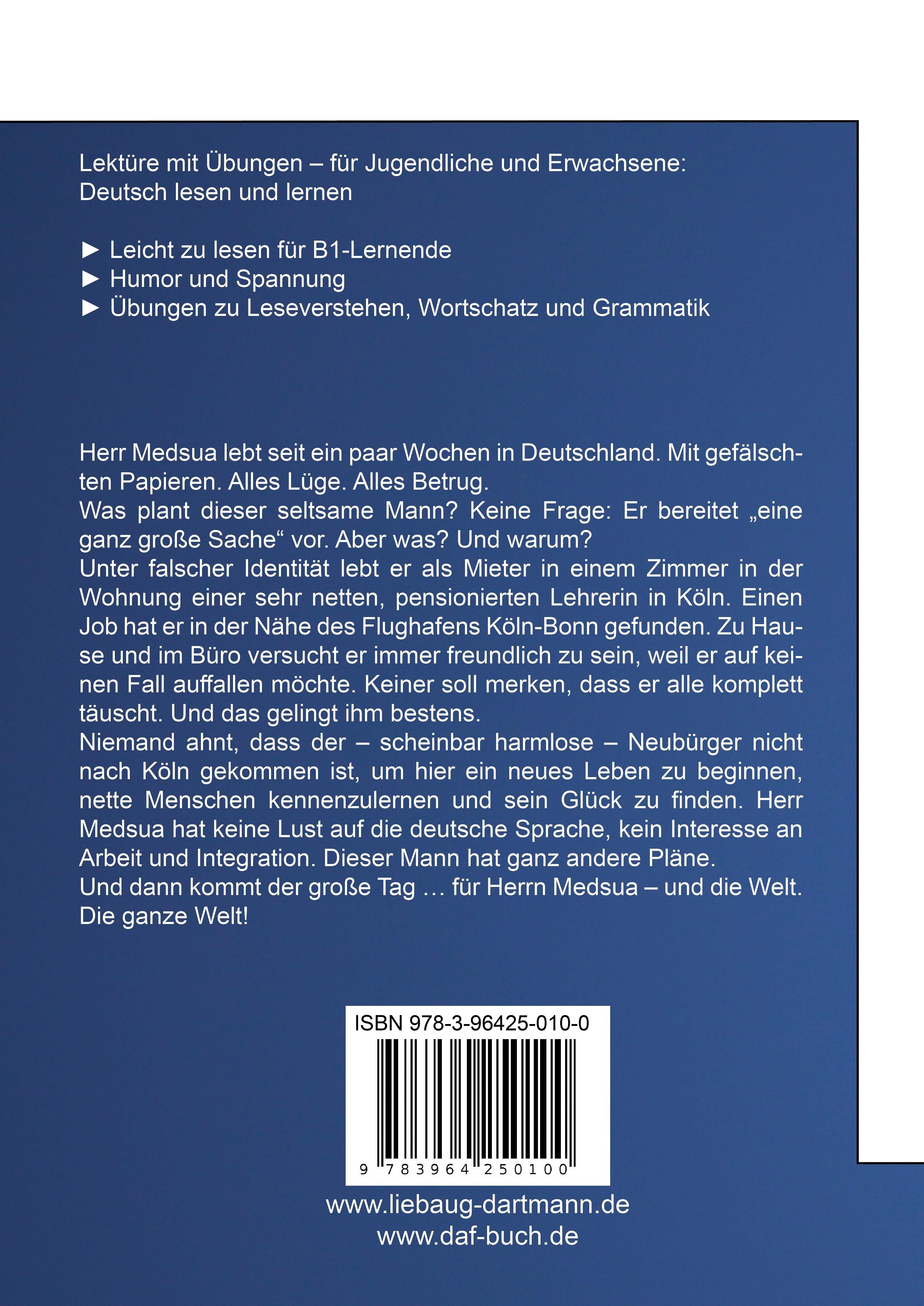 Buchrückseite mit Text. Titel: Herr Medsua lebt seit ein paar Wochen in Deutschland. ISBN 978-3-96425-010-0. Verlag: daf-buch.de.