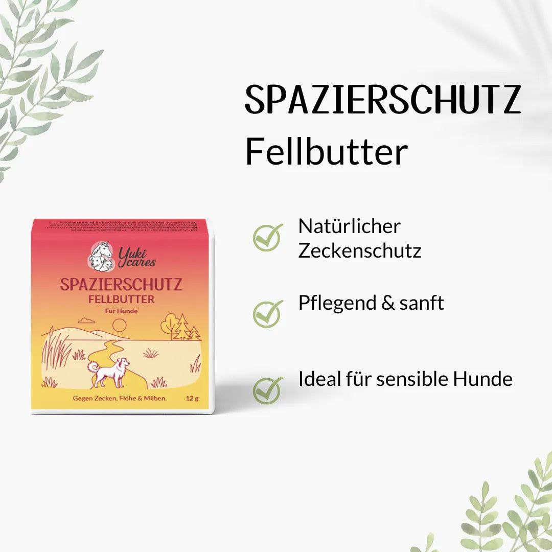Produktverpackung. Text: Spazierschutz Fellbutter. Natürlicher Zeckenschutz. Pflegend & sanft. Ideal für sensible Hunde.